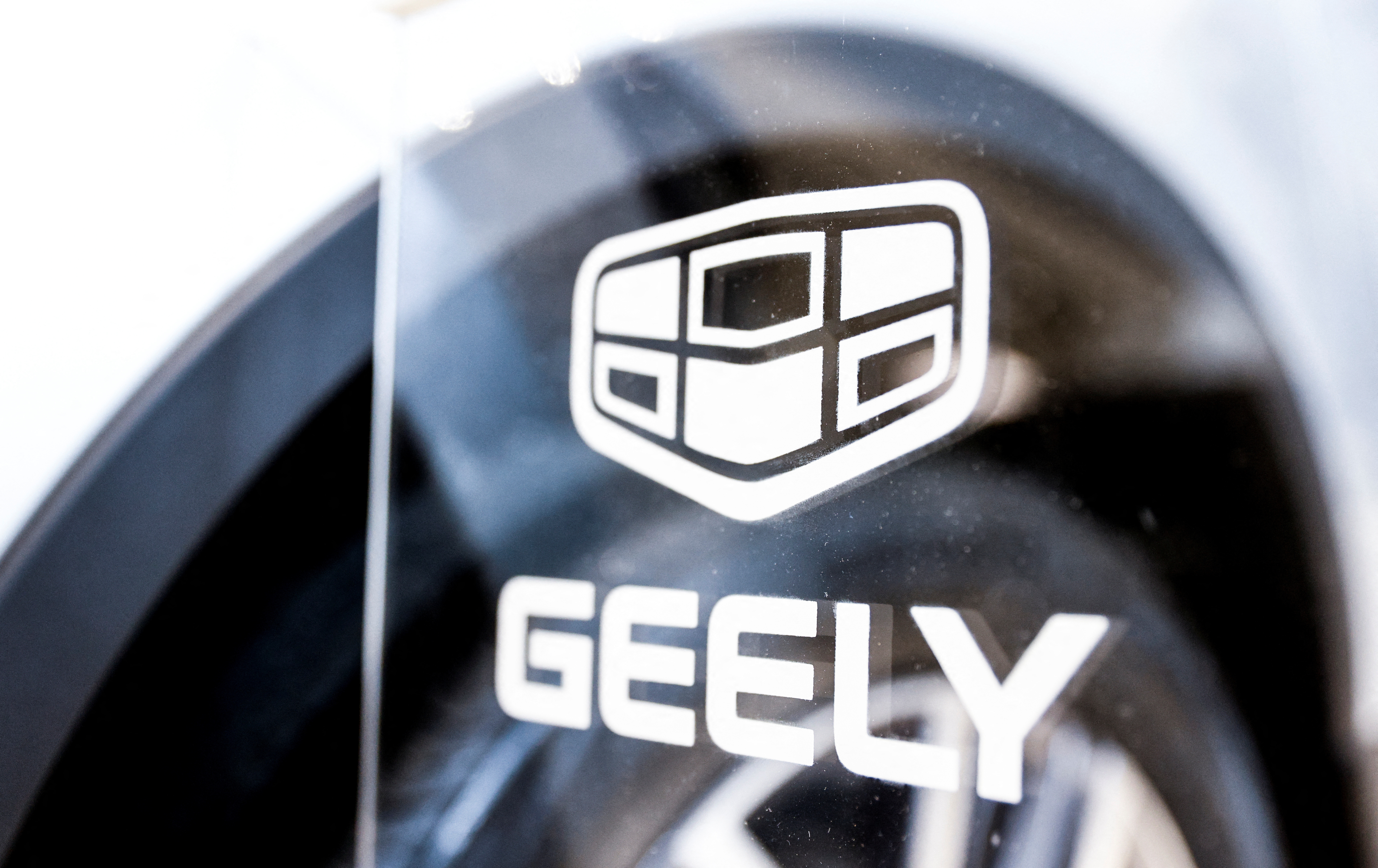 A view shows the logo of Chinese automobile manufacturer Geely at a dealership in Moscow