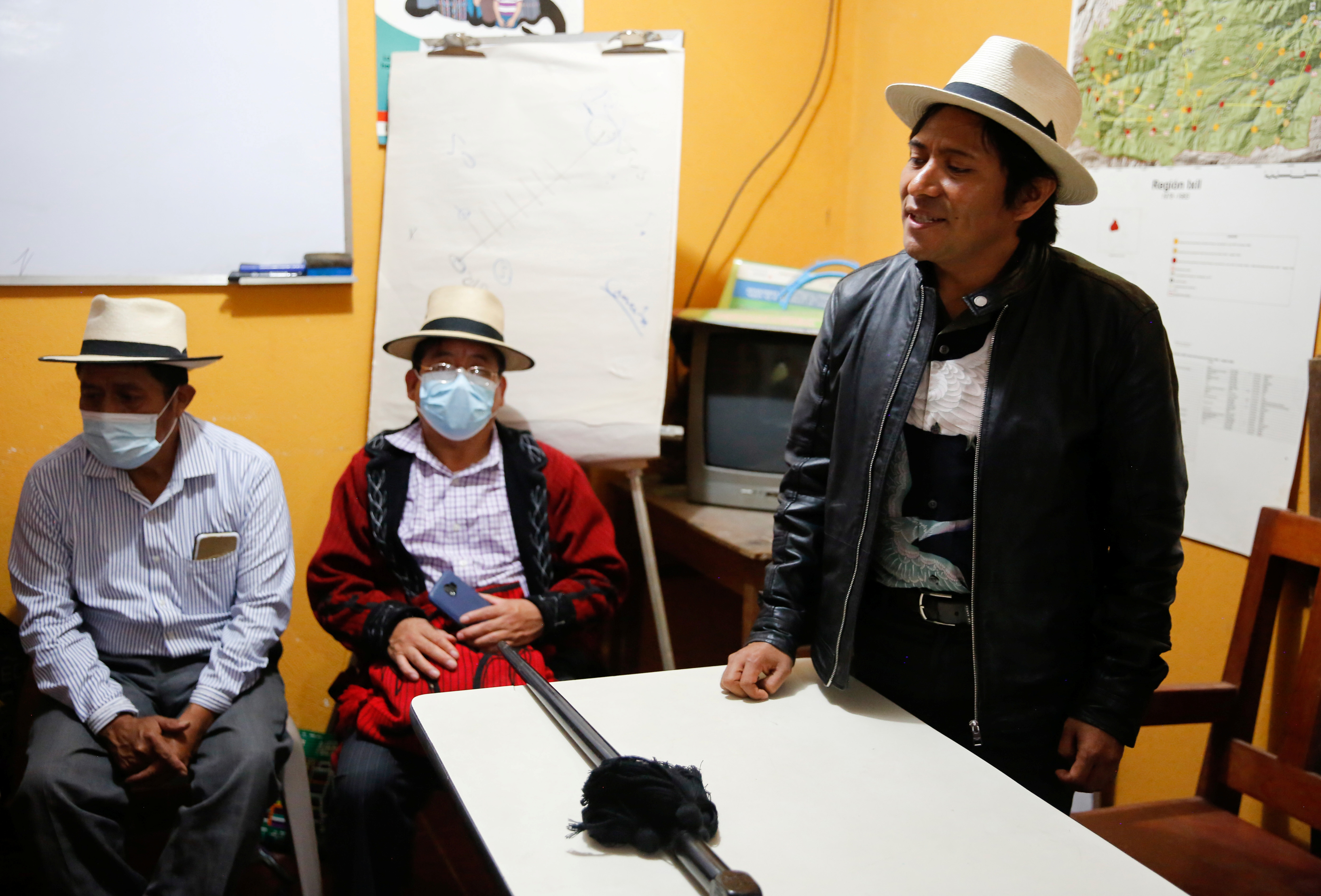 Arnulfo Oxlaj, a survivor of the massacre of children from the Chiul Indigenous community in Guatemala's civil war, meets with Indigenous leaders after local authorities prevented an exhumation at the site where the children are believed to be buried, in Nebaj, Guatemala September 28, 2021. REUTERS/Luis Echeverria