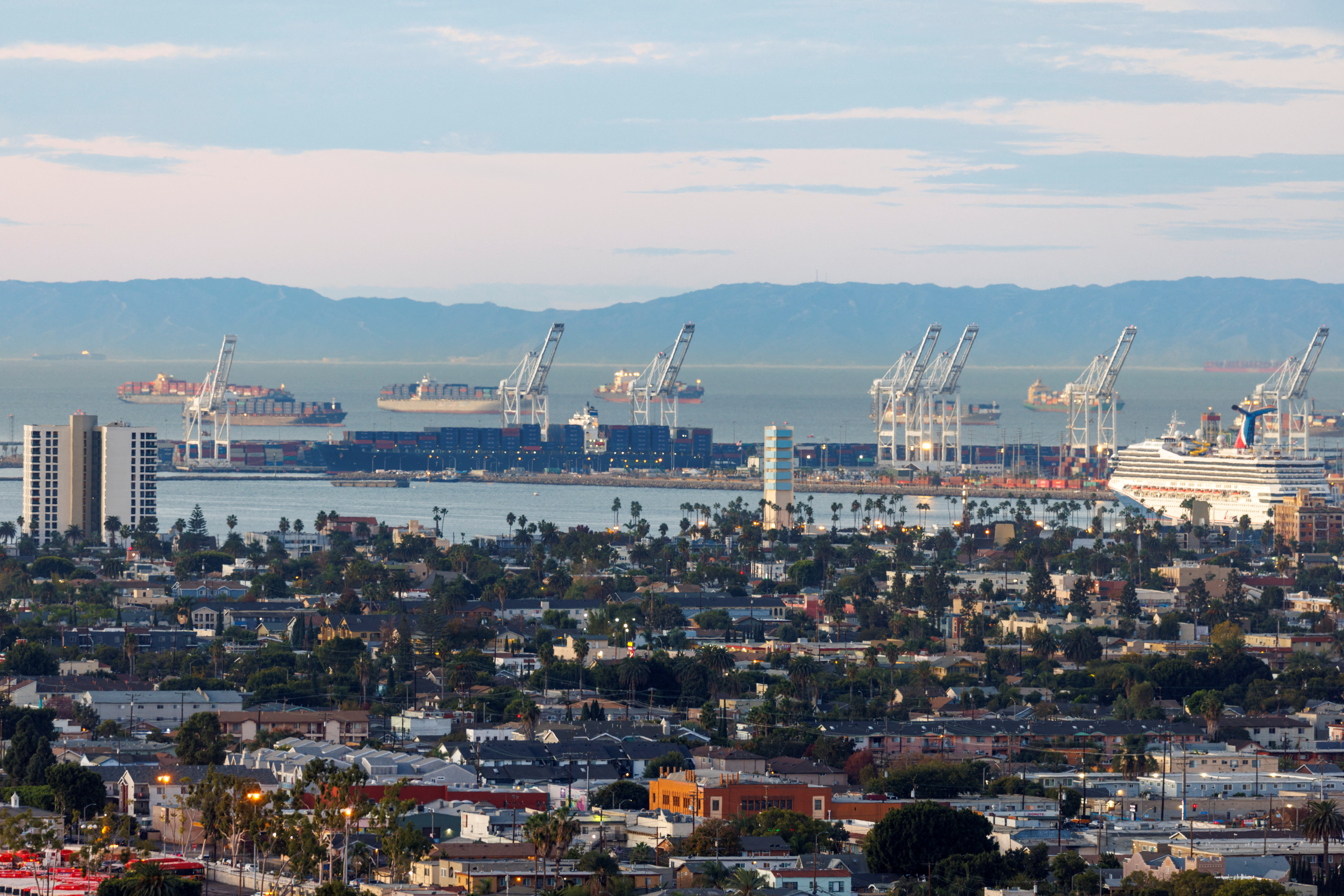 Ships are shown offshore at the port of Long Beach, California
