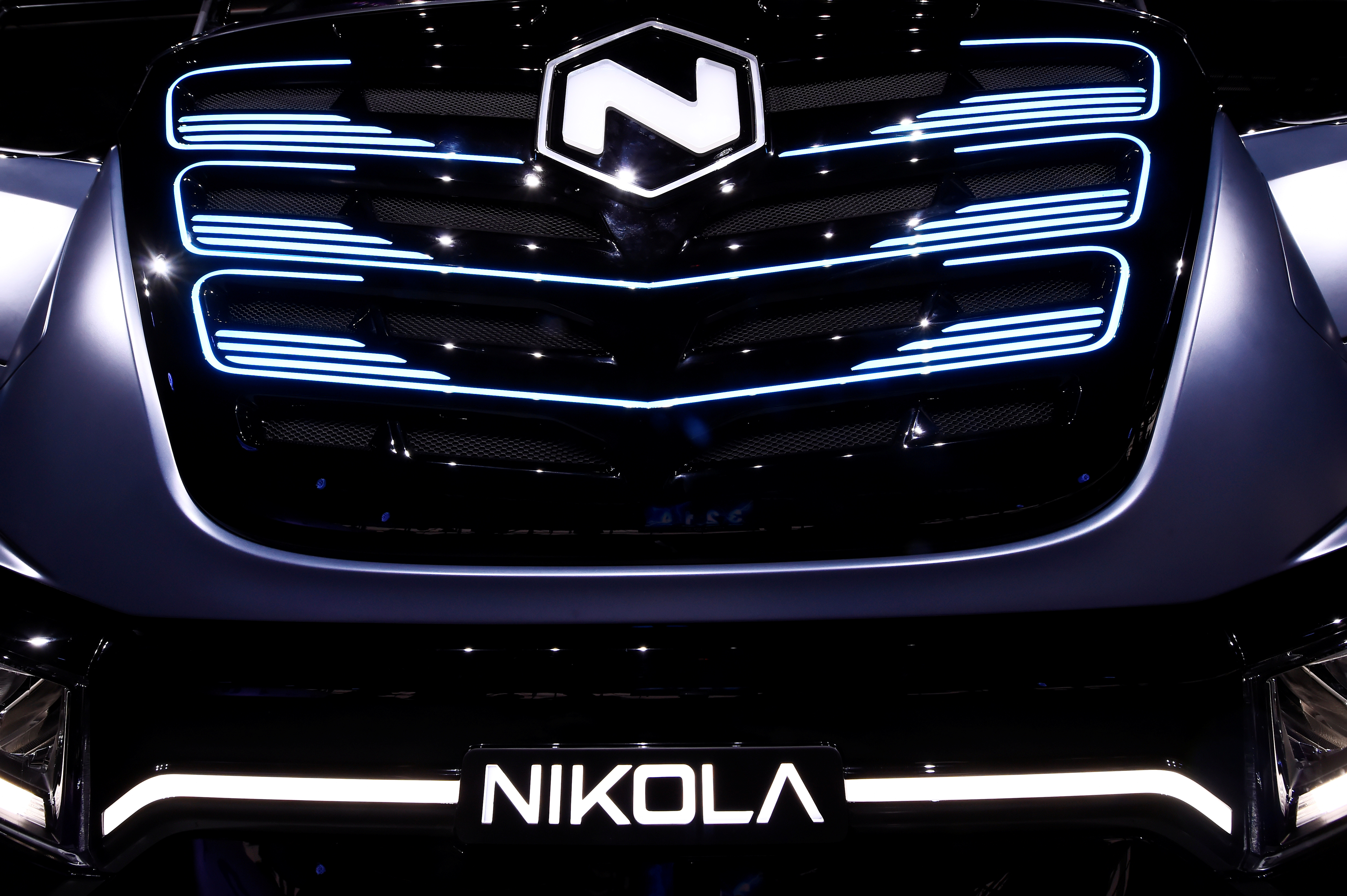 U.S. Nikola's logo is pictured at an event held to present CNH's new full-electric and Hydrogen fuel-cell battery trucks in partnership with U.S. Nikola event in Turin, Italy, December 3, 2019.