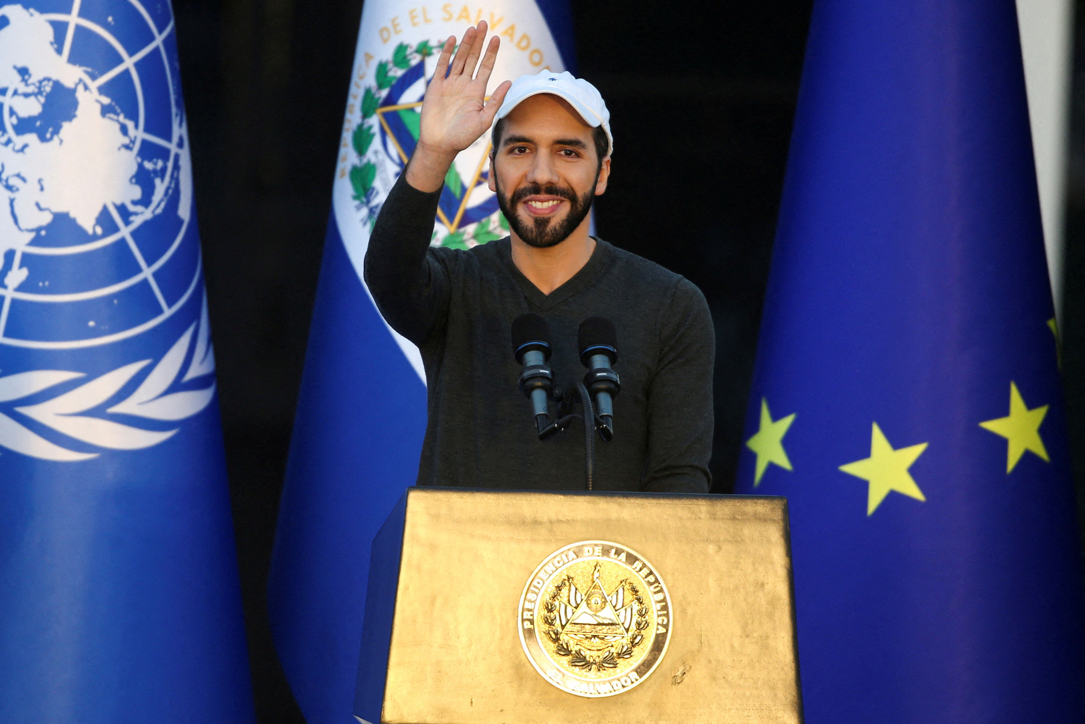 El Salvador's President Nayib Bukele attends an inauguration ceremony of a youth community center, in Mejicanos