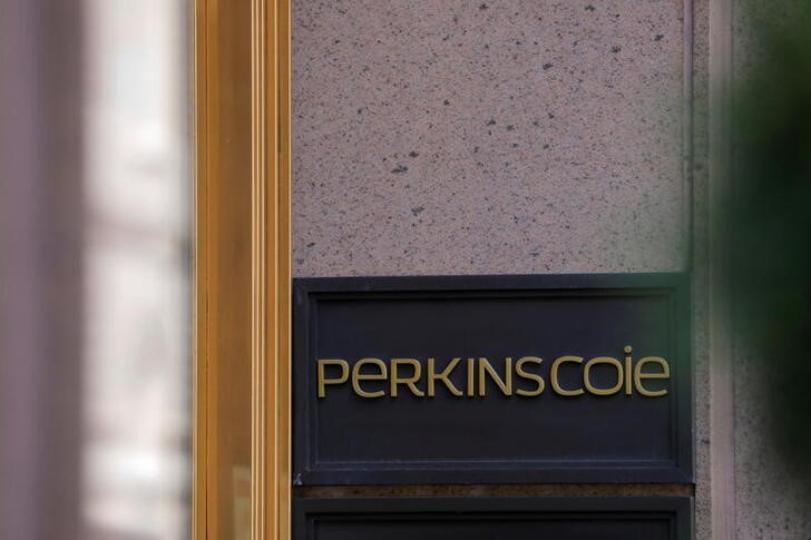 Signage is seen outside of the law firm Perkins Coie at their legal offices in Washington, D.C.