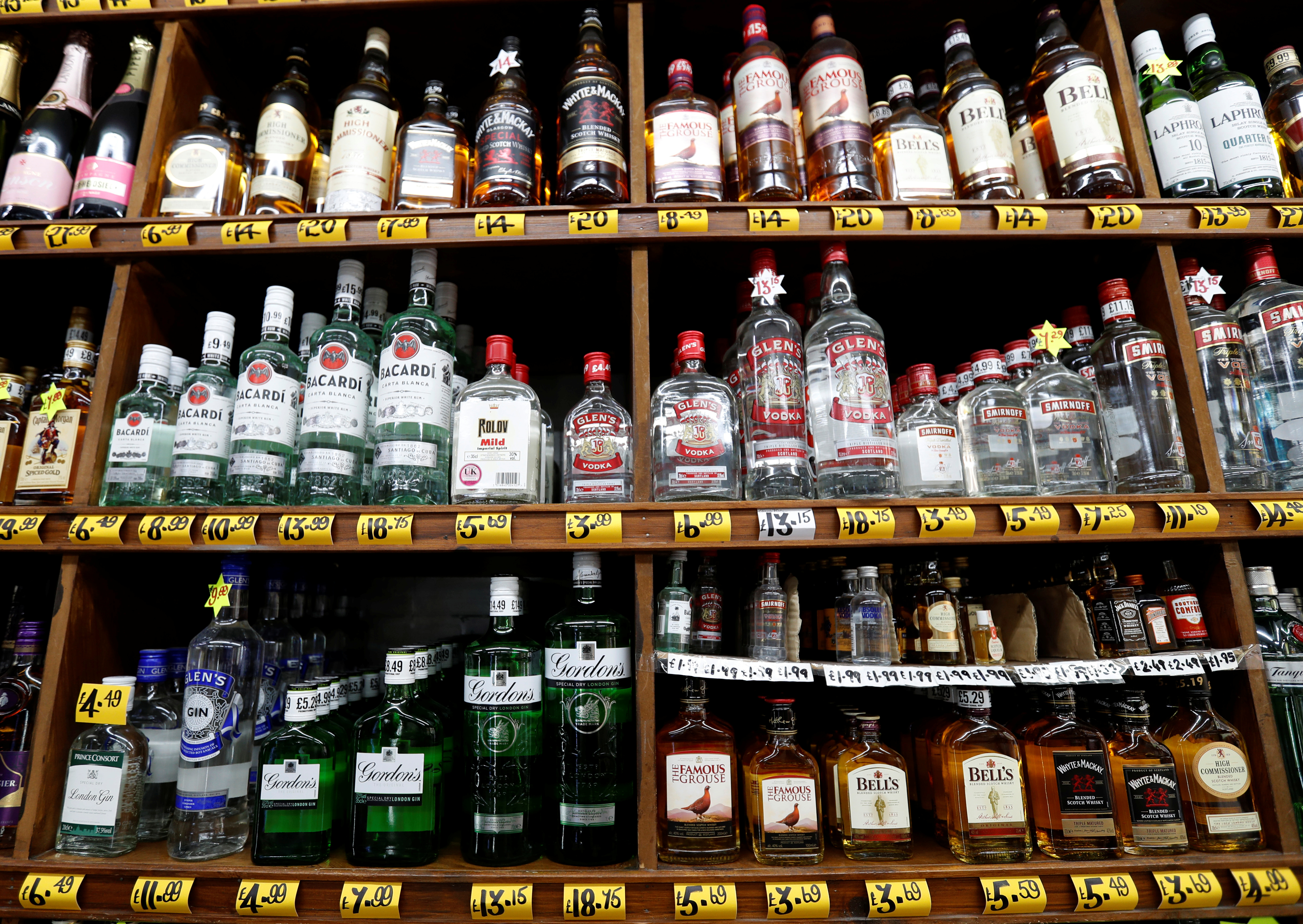 Bottles of alcoholic beverages are seen for sale in a shop in Glasgow, Scotland, Britain, May 1, 2018. REUTERS/Russell Cheyne