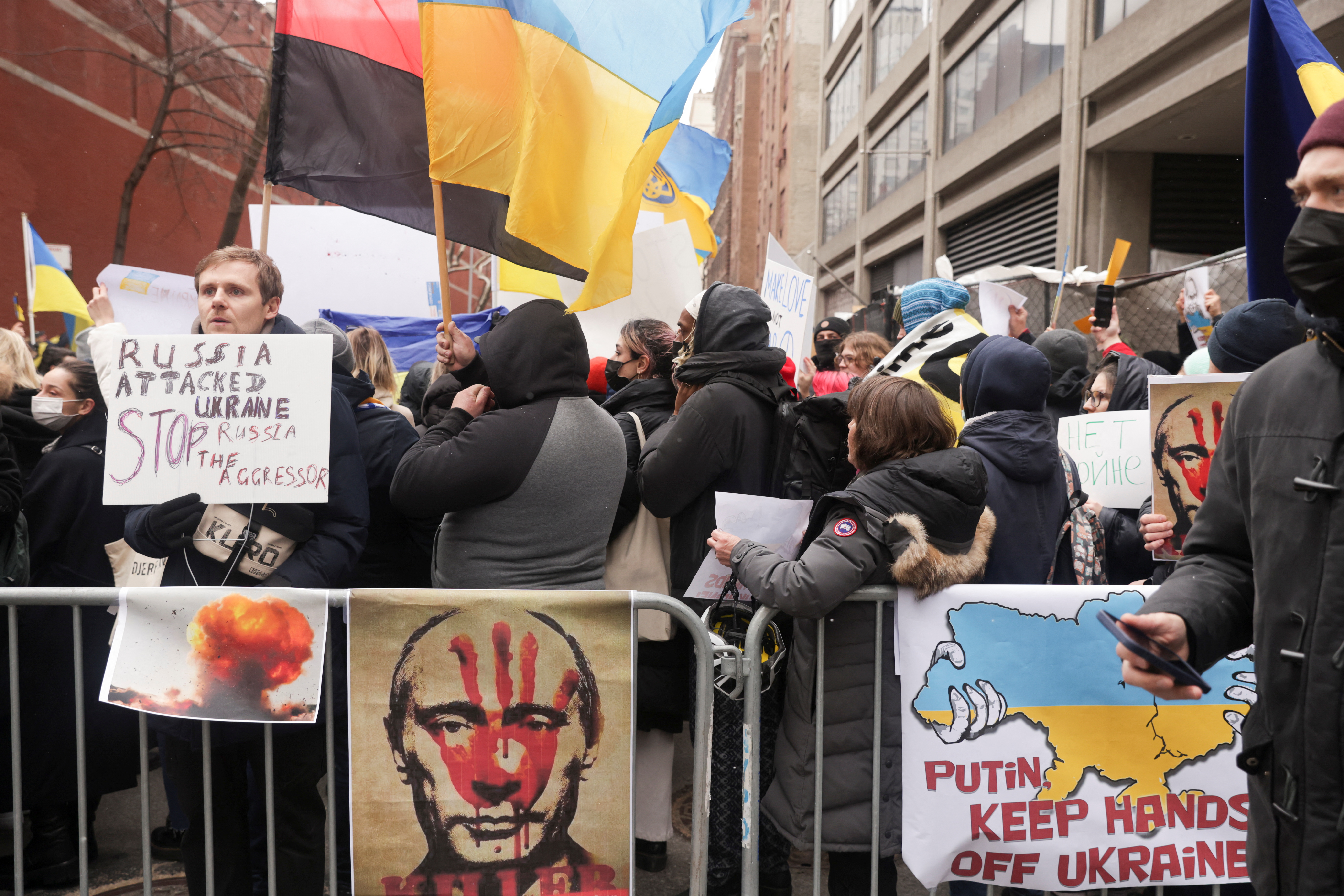 Protest against Russia's military operation in Ukraine, in Times Square