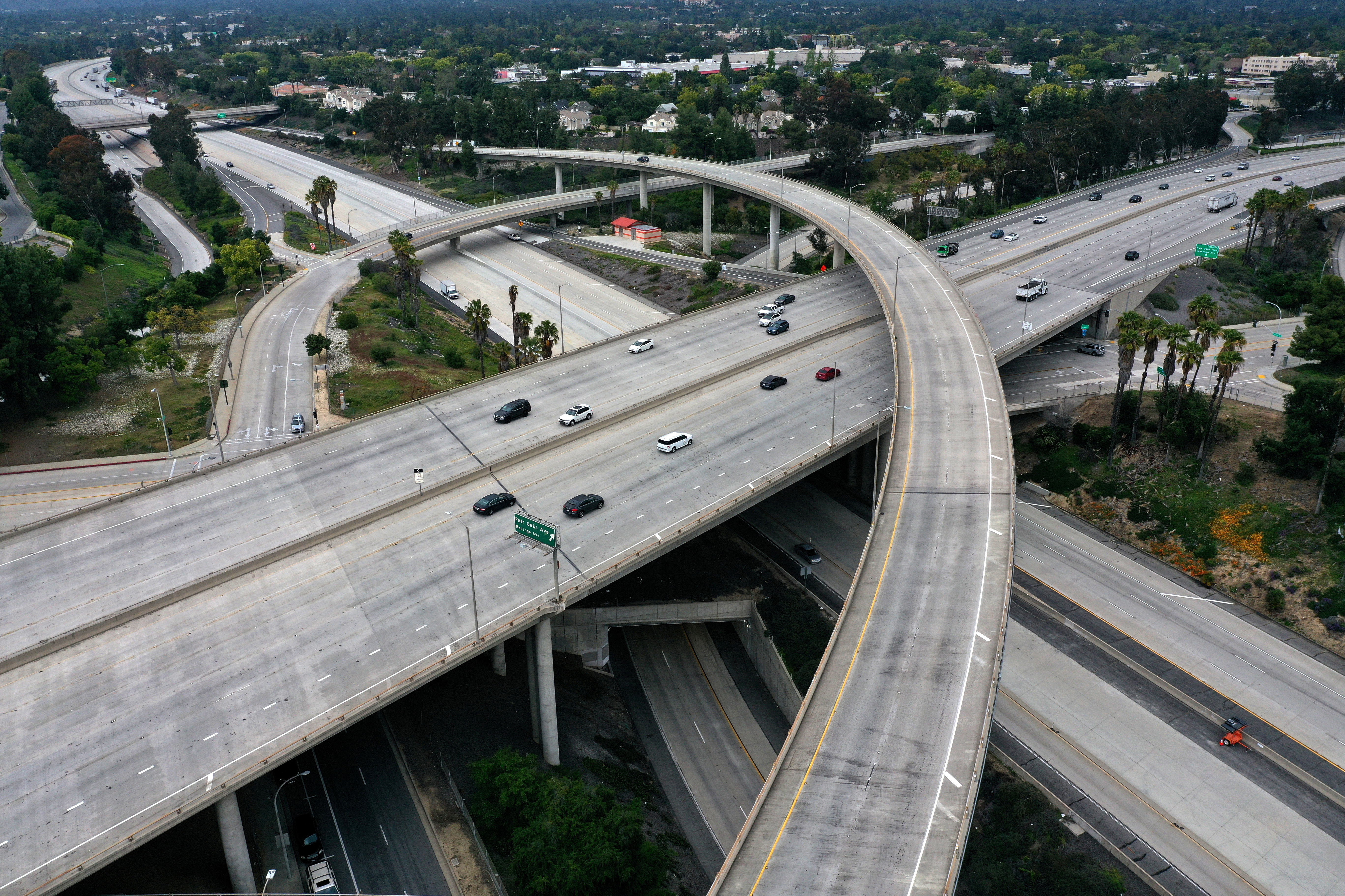 An empty freeway intersection is seen two days before Earth Day, after Los Angeles’ stay-at-home order caused a drop in pollution, as the global outbreak of the coronavirus disease (COVID-19) continues, in Pasadena