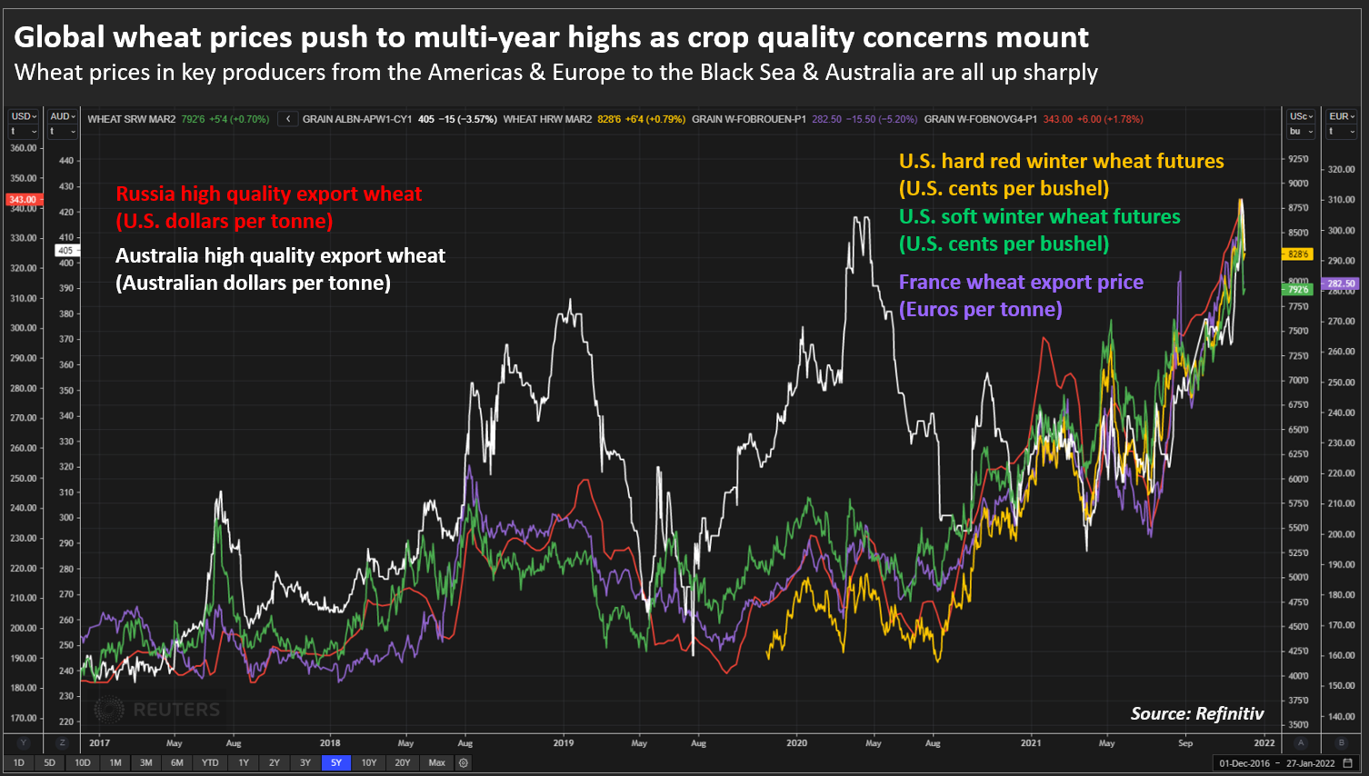 Global wheat prices push to multi-year highs as crop quality concerns mount