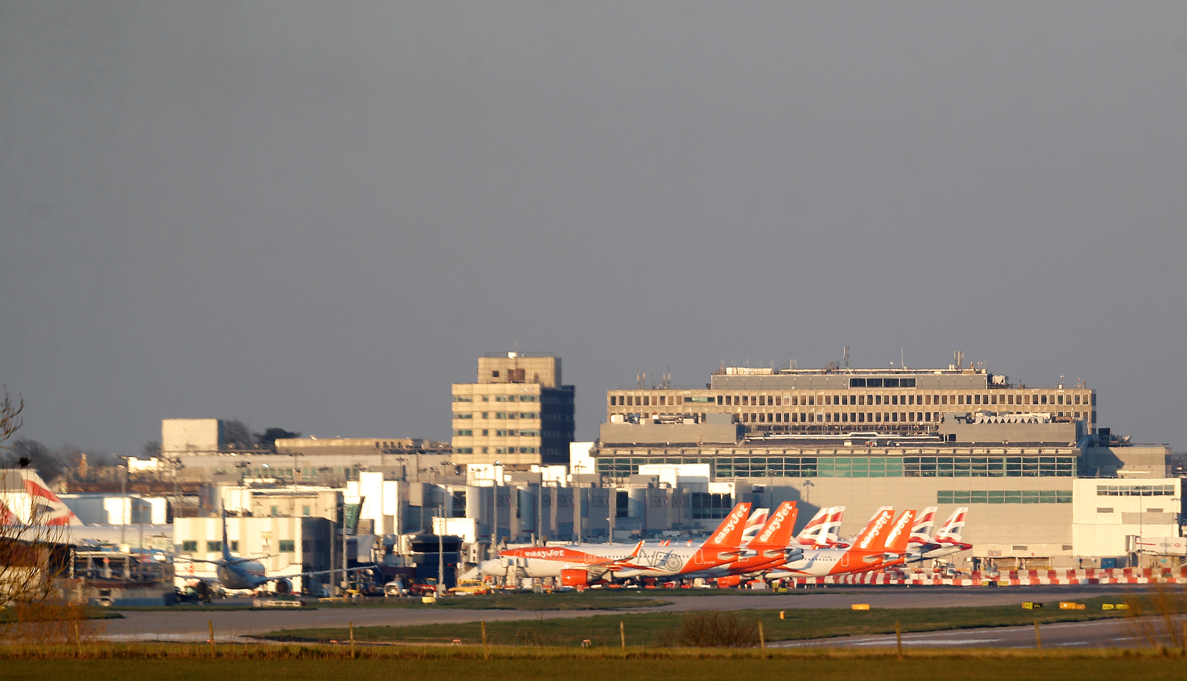 Easyjet and British Airways planes are pictured at Gatwick airport