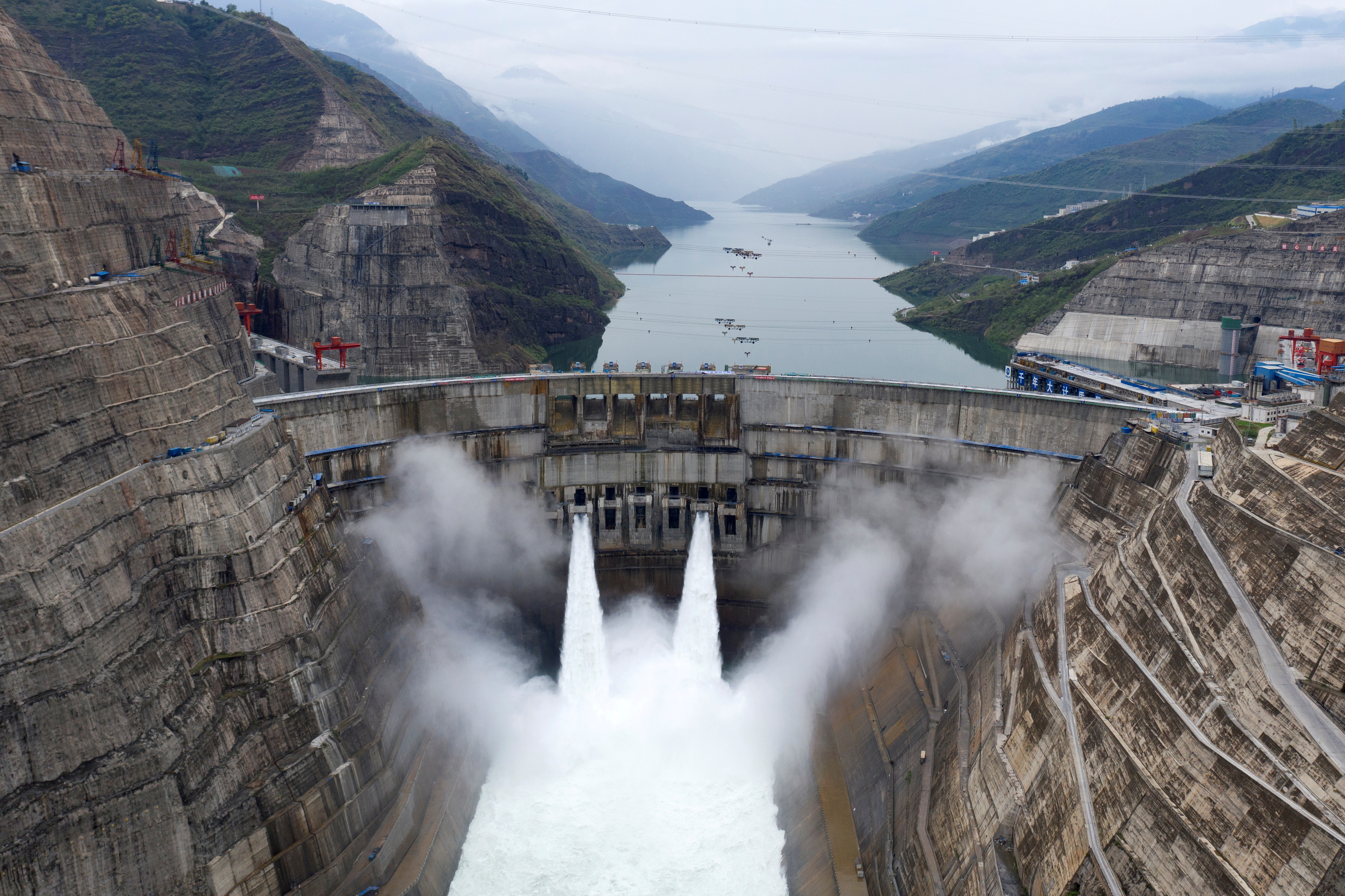 The Baihetan hydropower plant is seen in operation on the border between Yunnan province and Sichuan province