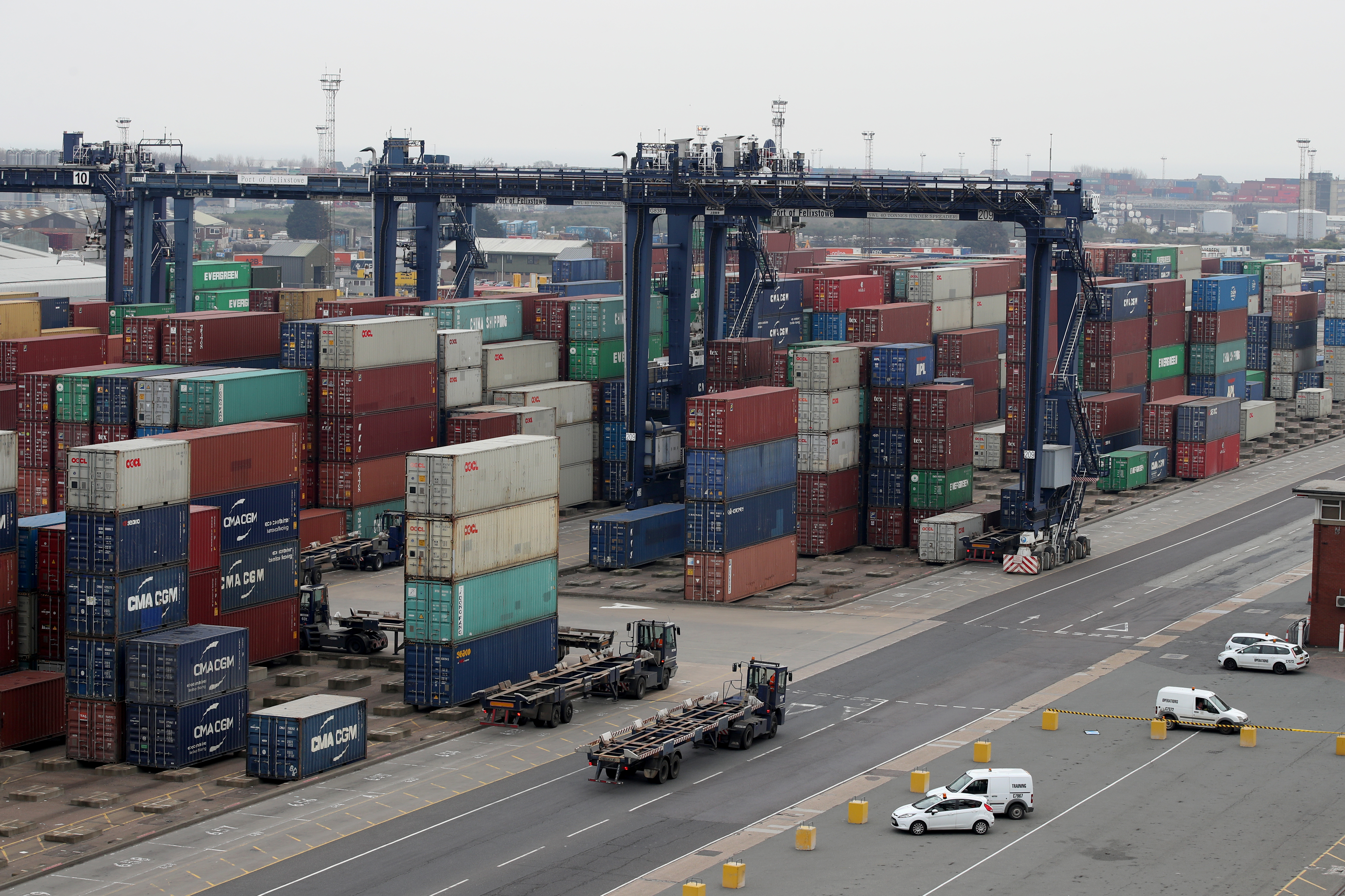 A general view of shipping containers seen from the bridge of the AAL Kobe cargo ship docked at Felixstowe Port