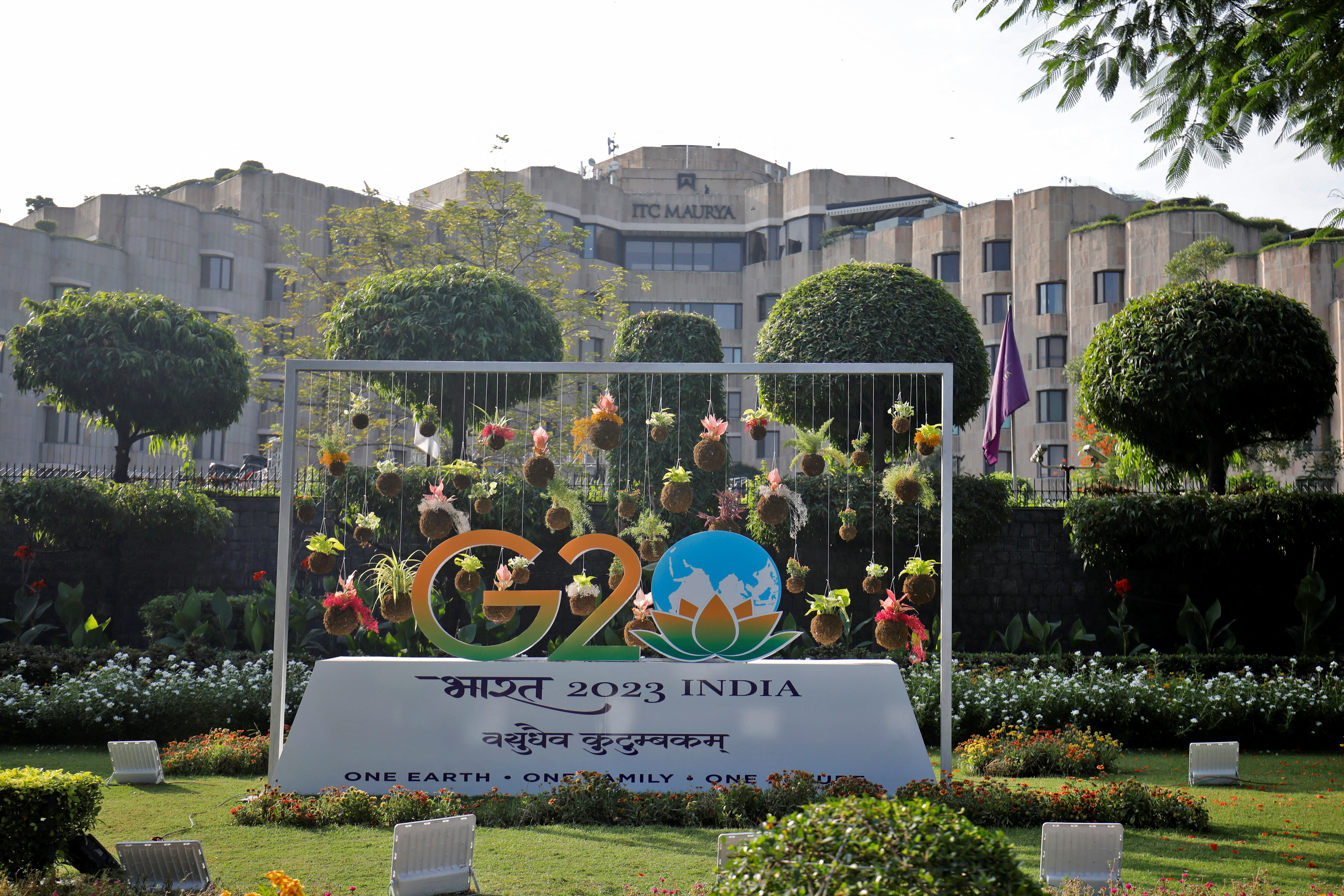A model of G20 is pictured outside ITC Maurya hotel ahead of the G20 Summit in New Delhi