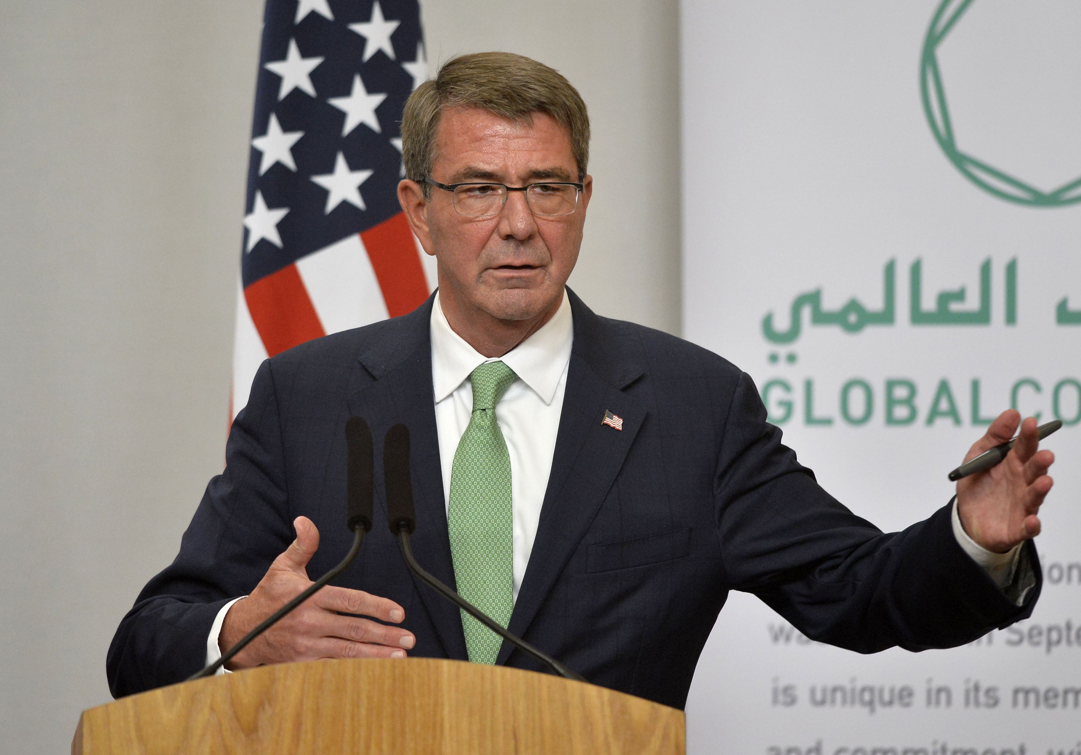 U.S. Secretary of Defence Ash Carter attends a press conference with Britain's Defence Secretary Michael Fallon at the Foreign Office in London