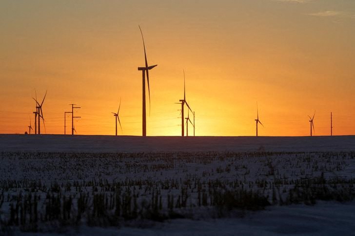 A wind farm shares space with corn fields the day before the Iowa caucuses, where agriculture and clean energy are key issues, in Latimer, Iowa, U.S. February 2, 2020. REUTERS/Jonathan Ernst