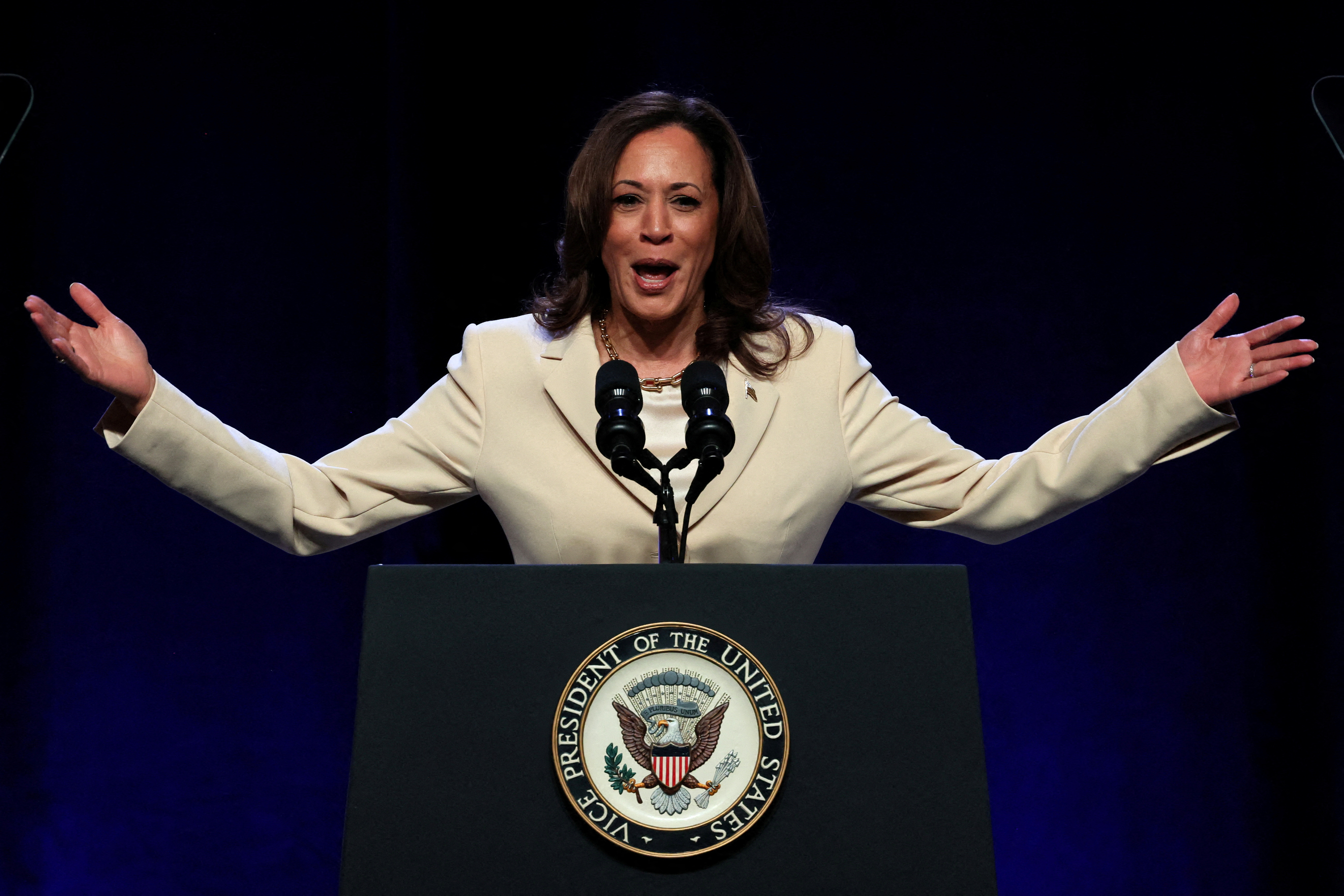 U.S. Vice President Kamala Harris speaks during the Constitutional Convention of UNITE HERE in New York