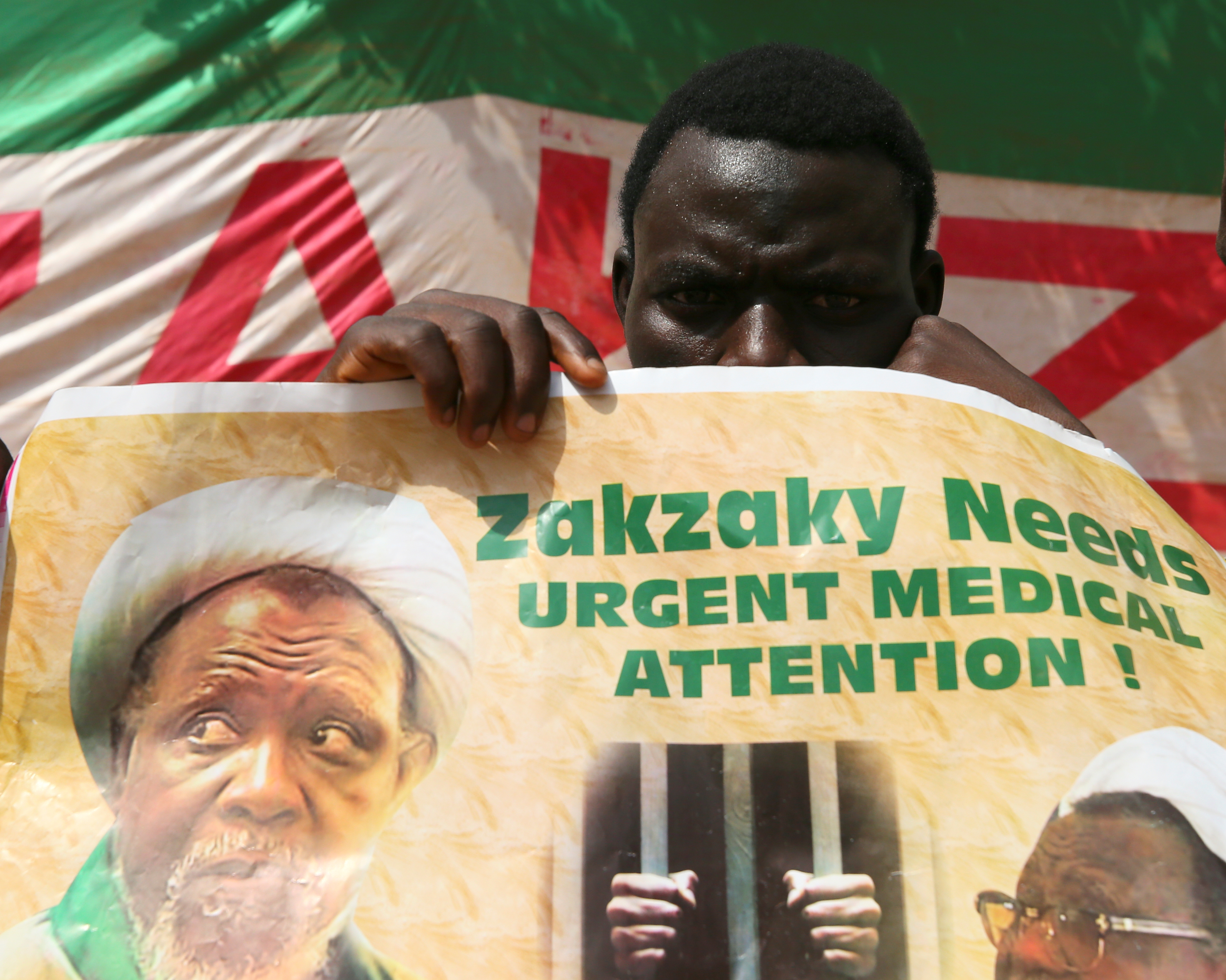A protester holds banner calling for the release of Sheikh Ibrahim Zakzaky in Abuja
