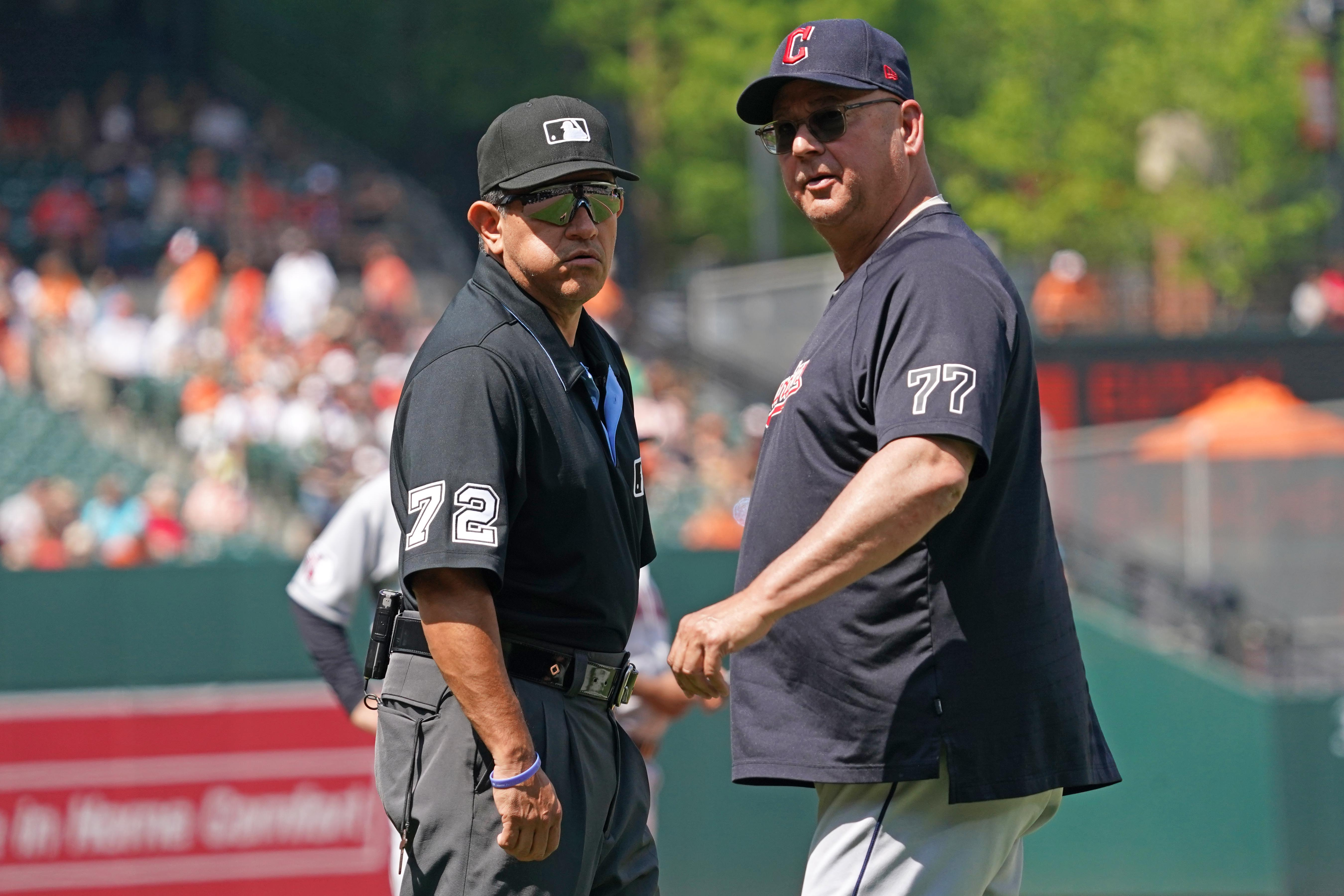 Baltimore, United States. 29th May, 2023. Cleveland Guardians first baseman Josh  Naylor (22) making contact with the pitch in the top of the third inning  against the Baltimore Orioles at Oriole Park