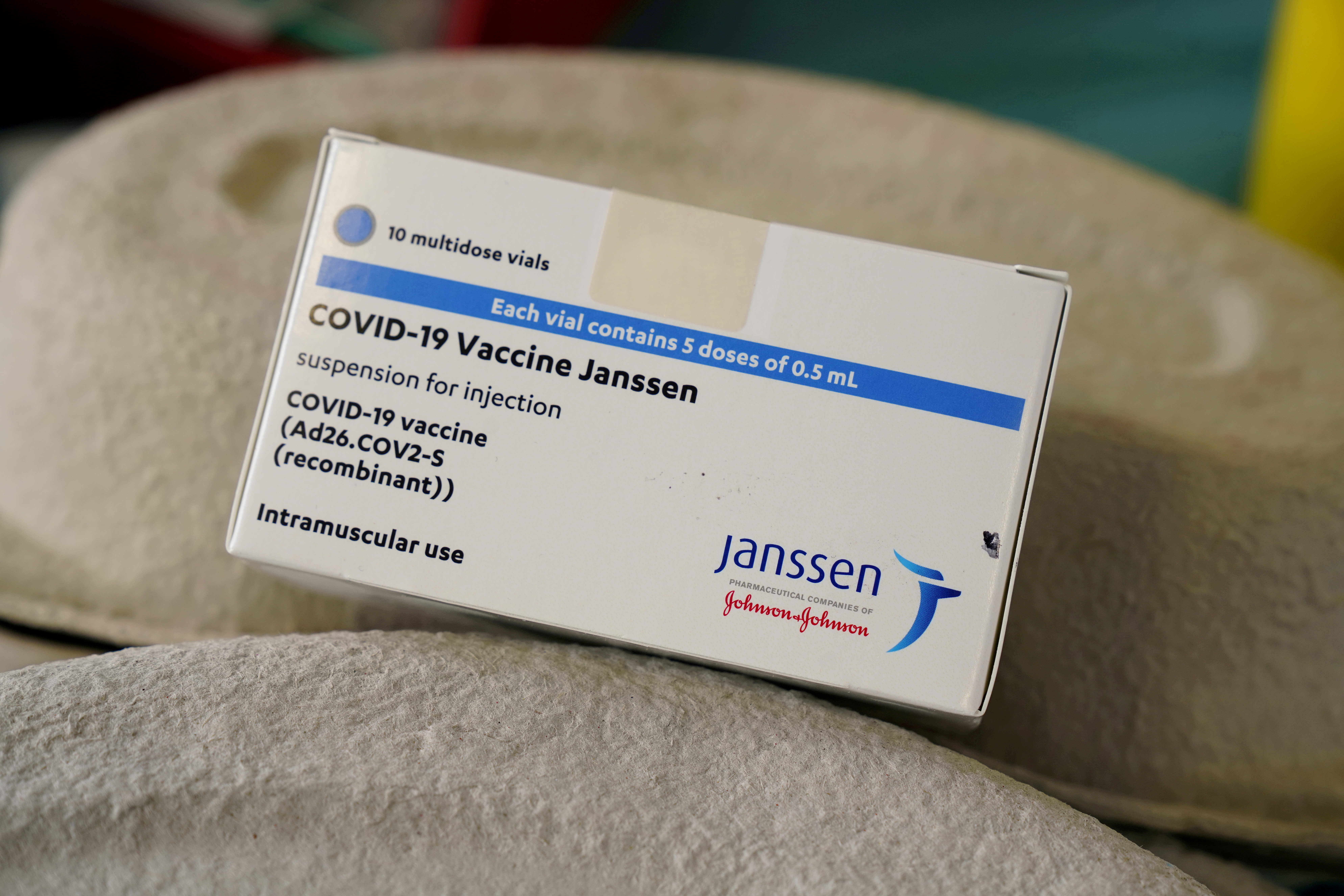 A box of Johnson & Johnson's COVID-19 vaccines is seen at the Forem vaccination centre in Pamplona