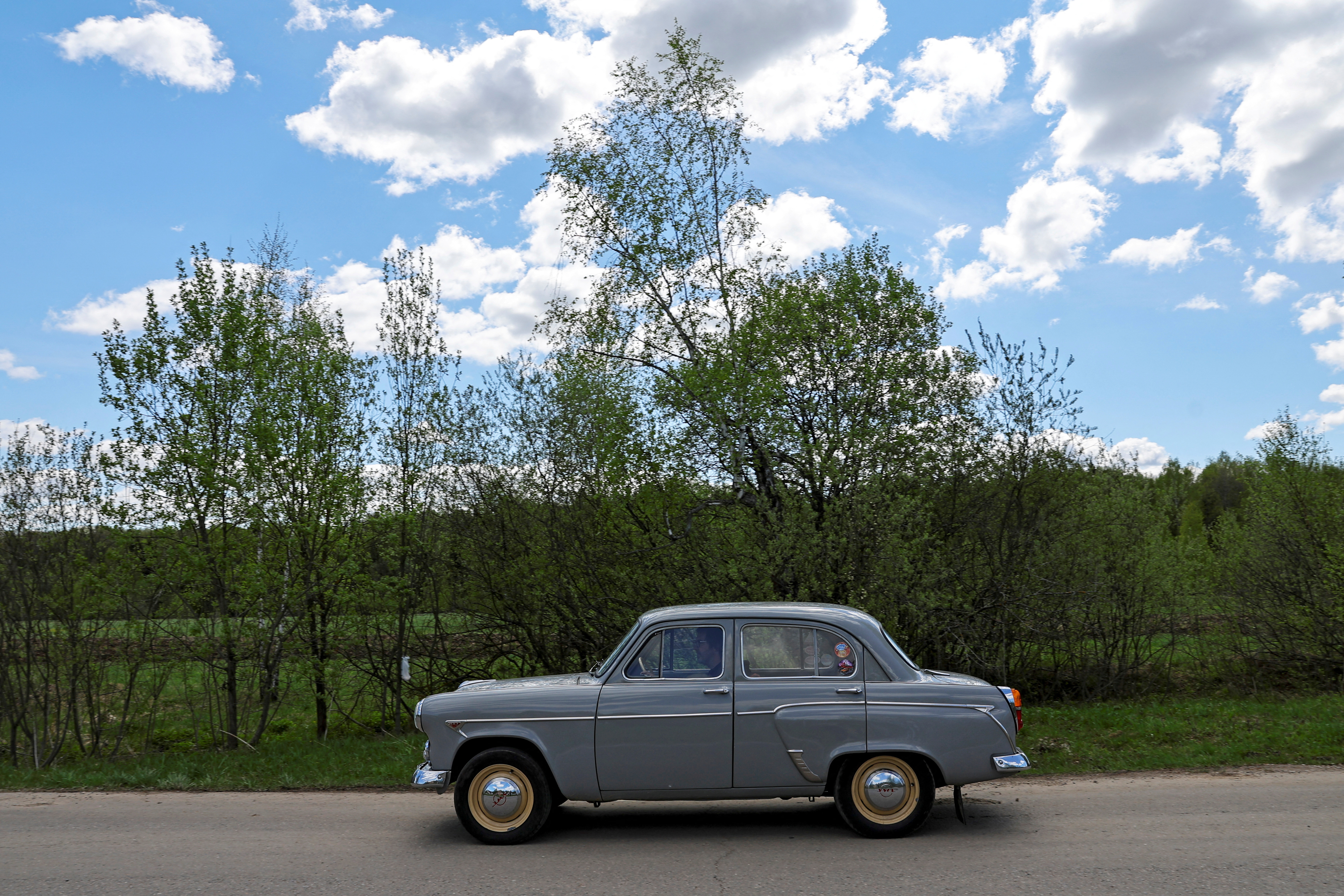 Collector of Moskvich cars Stanislav Tsibulsky drives his Moskvich 403 outside Moscow