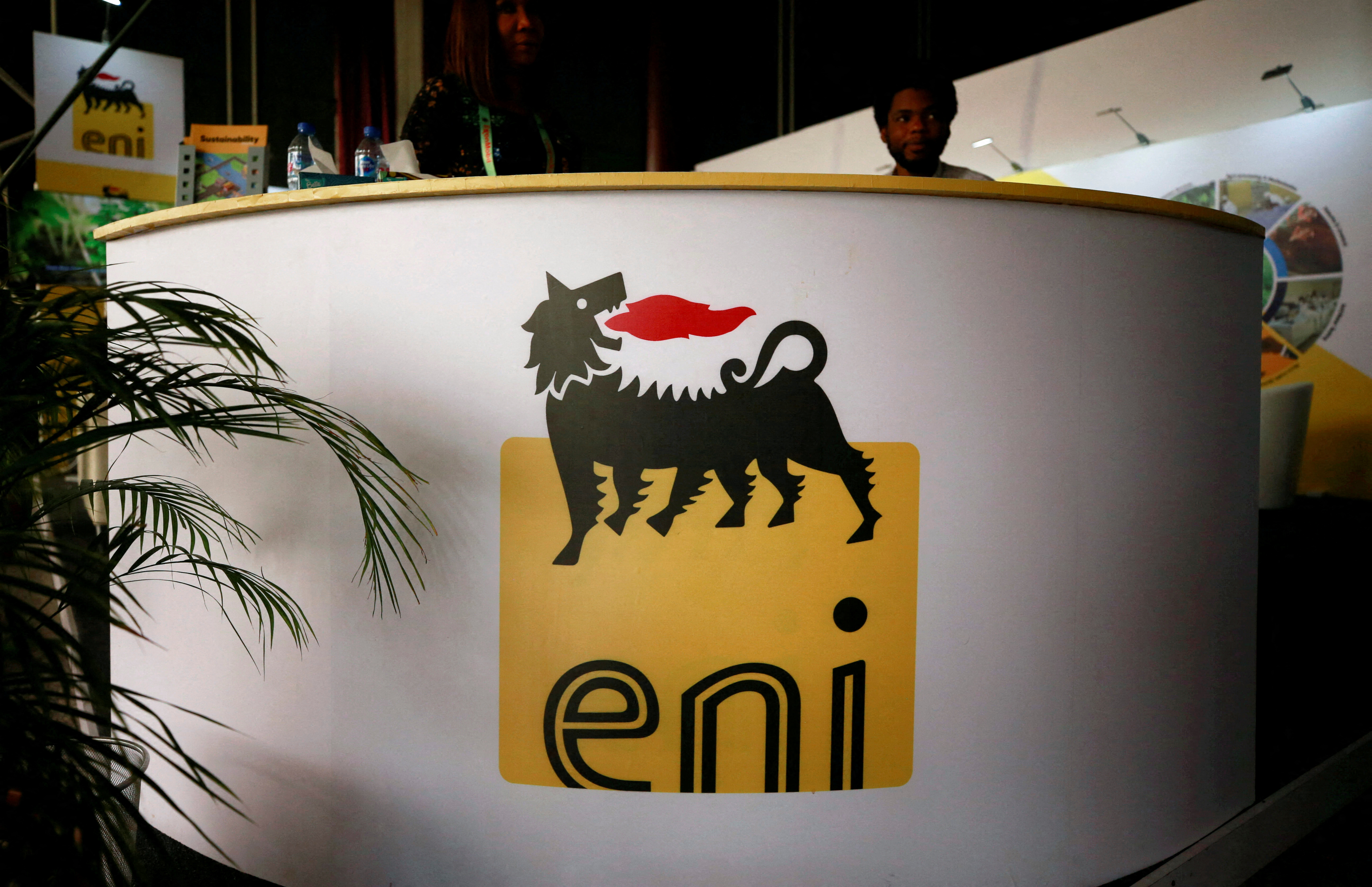 The logo of Italian energy company Eni is seen on a booth stand during the Nigeria International Petroleum Summit in Abuja, Nigeria February 11, 2020. REUTERS/Afolabi Sotunde/File Photo