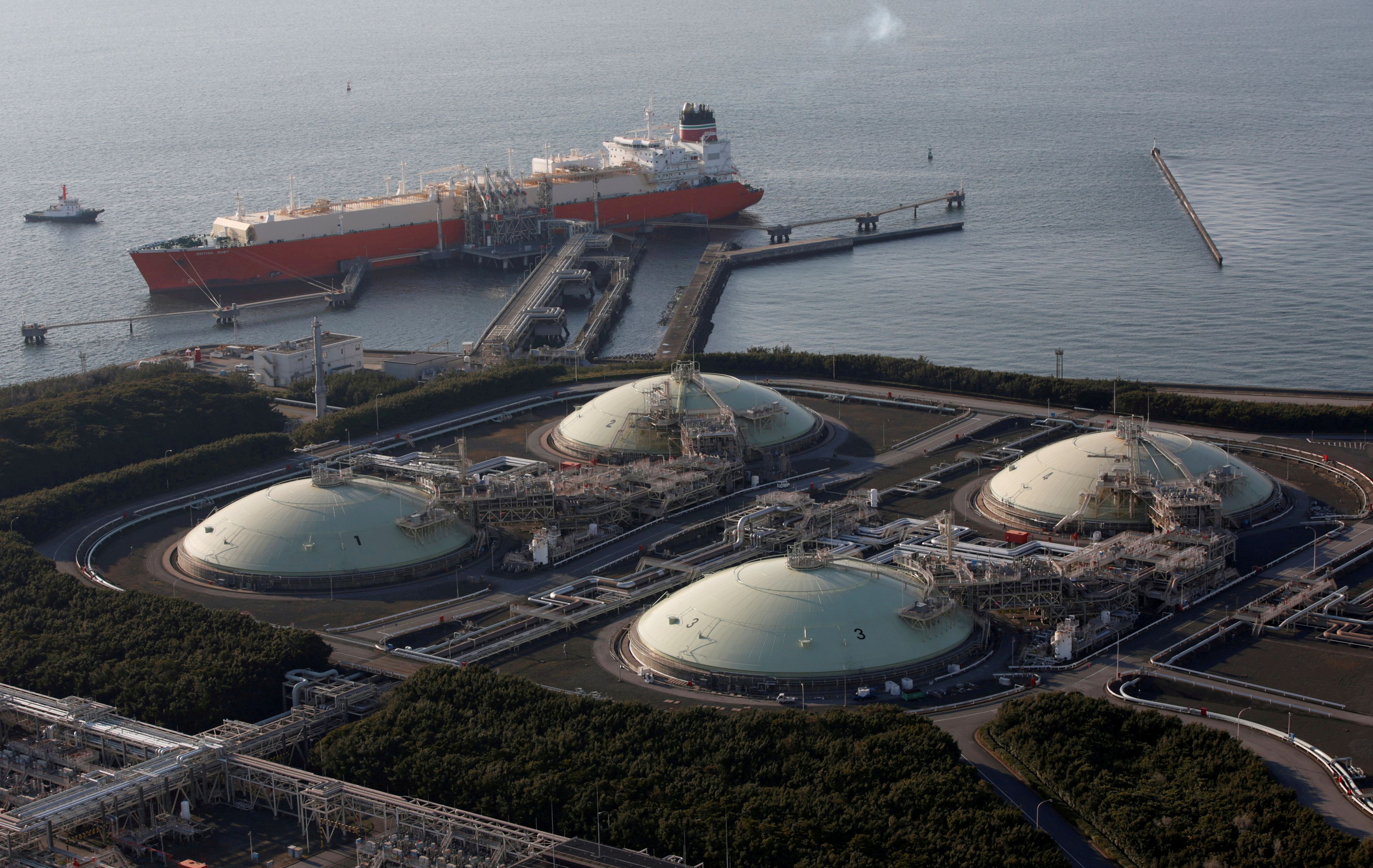 Liquefied natural gas (LNG) storage tanks and a membrane-type tanker are seen at Tokyo Electric Power Co.'s Futtsu Thermal Power Station in Futtsu, east of Tokyo, Japan, February 20, 2013. REUTERS/Issei Kato