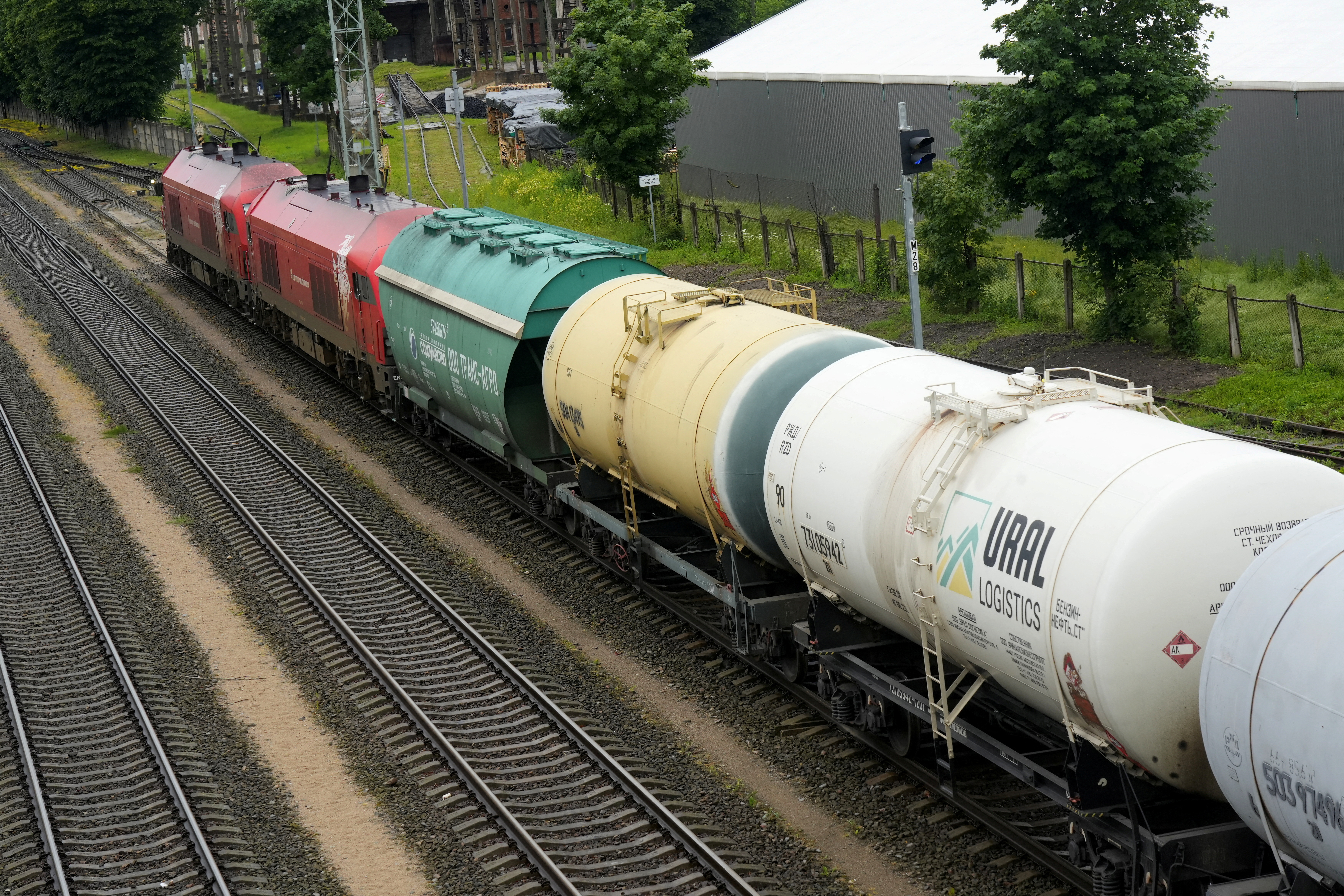 Freight trains to and from Russian enclave Kaliningrad at border railway station in Kybartai