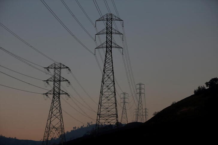 High voltage transmission lines are seen along Pine Flat Road in Geyserville, California