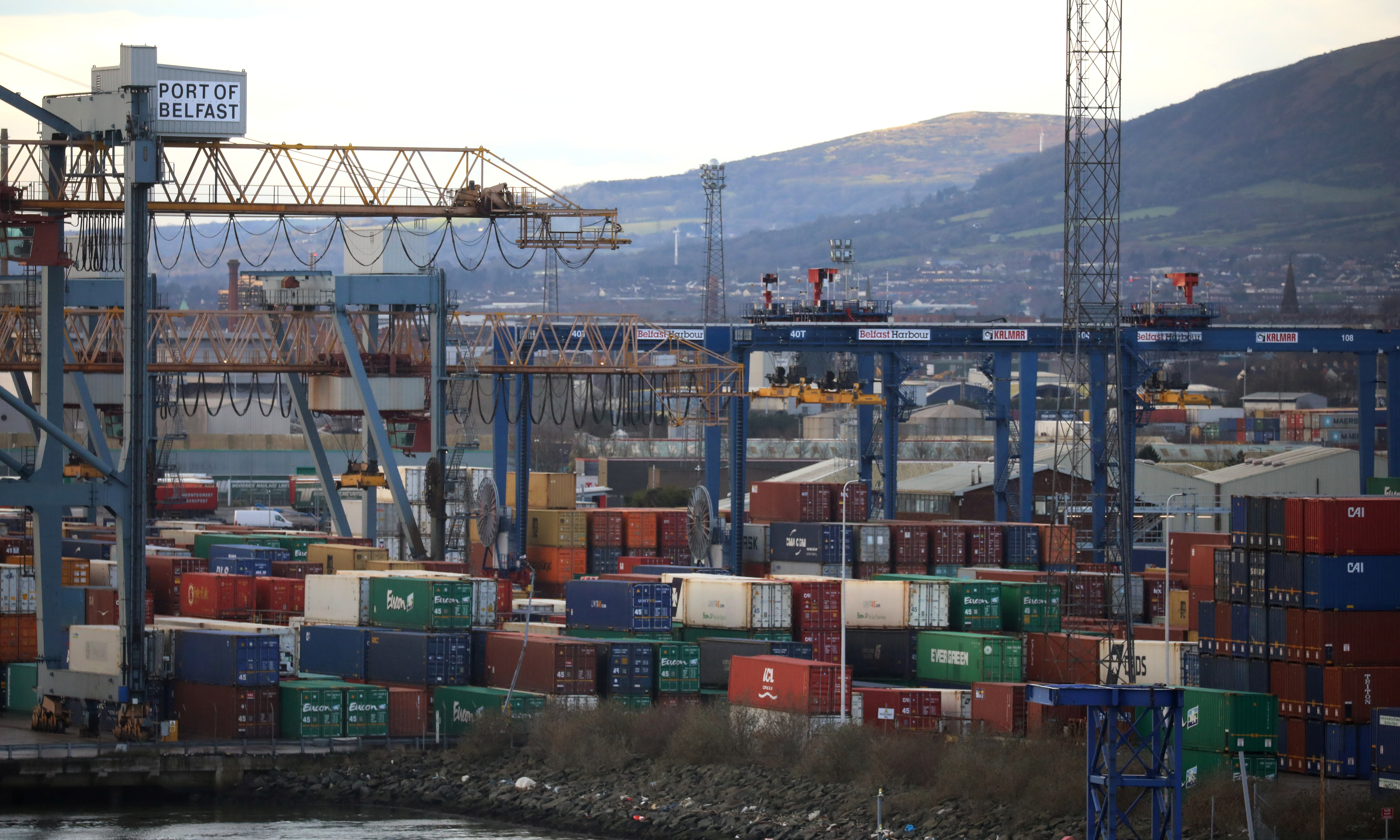 Shipping containers are seen at the Port of Belfast