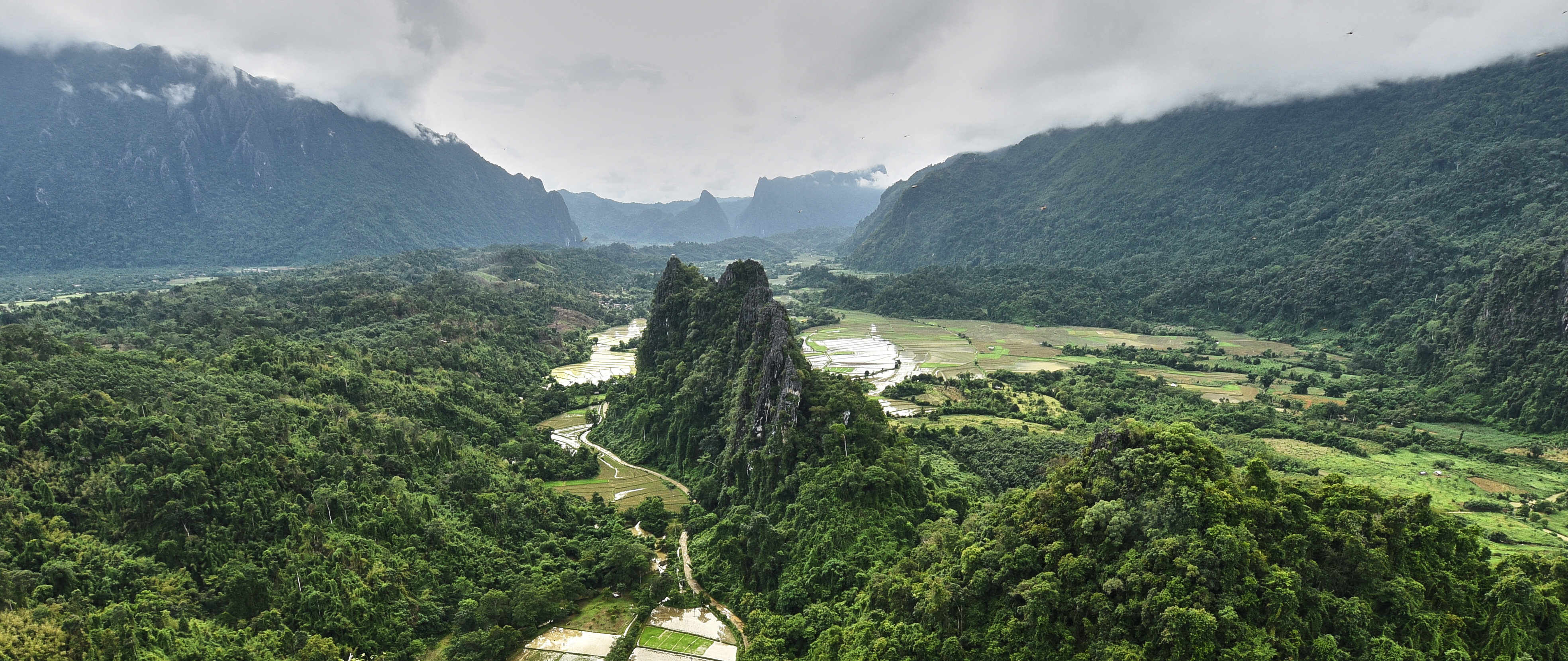 An aerial view shows Vang Vieng in Laos