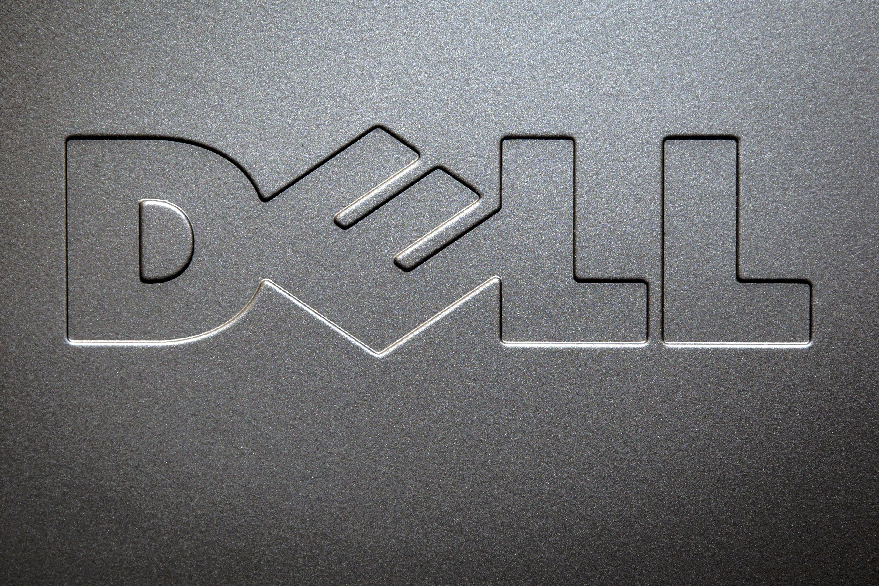 A Dell logo is pictured on the side of a computer in this photo illustration