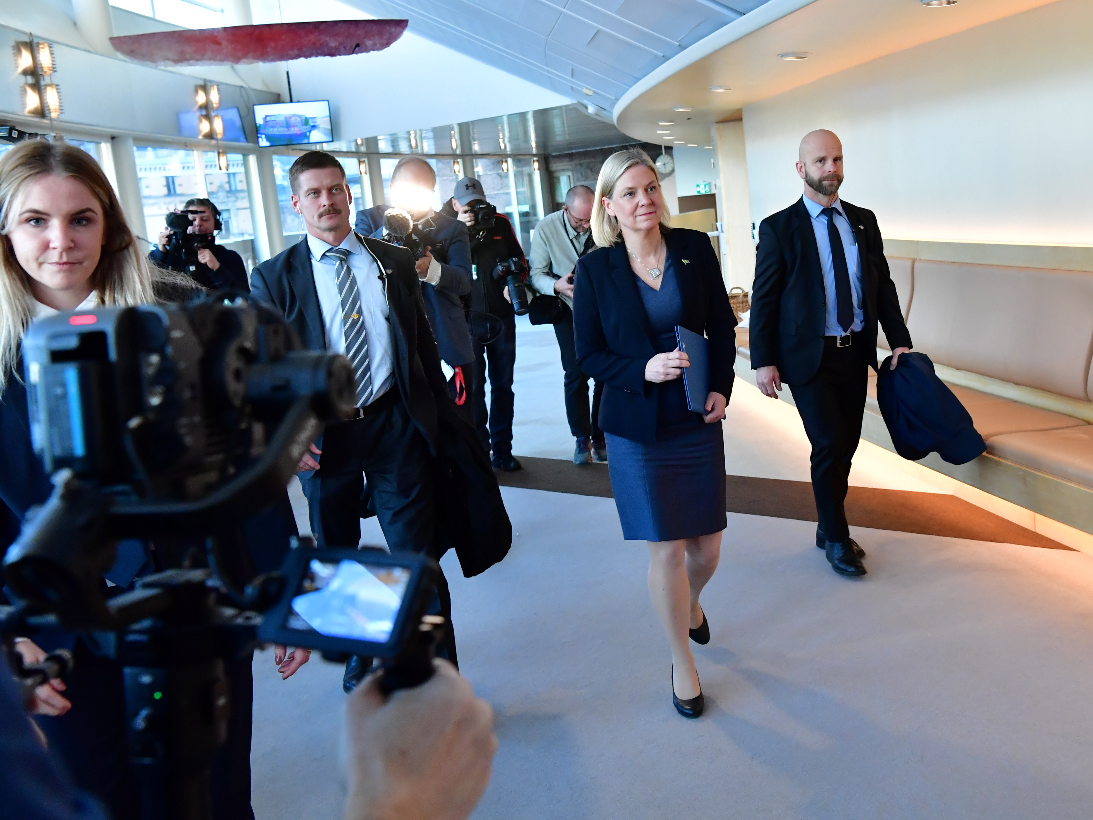 Current Finance Minister and Social Democratic Party leader Magdalena Andersson walks on her way to press conference after being appointed as new prime minister after a voting in the Swedish parliament Riksdagen, in Stockholm, Sweden November 29, 2021. Jonas Ekstromer /TT News Agency/via REUTERS  