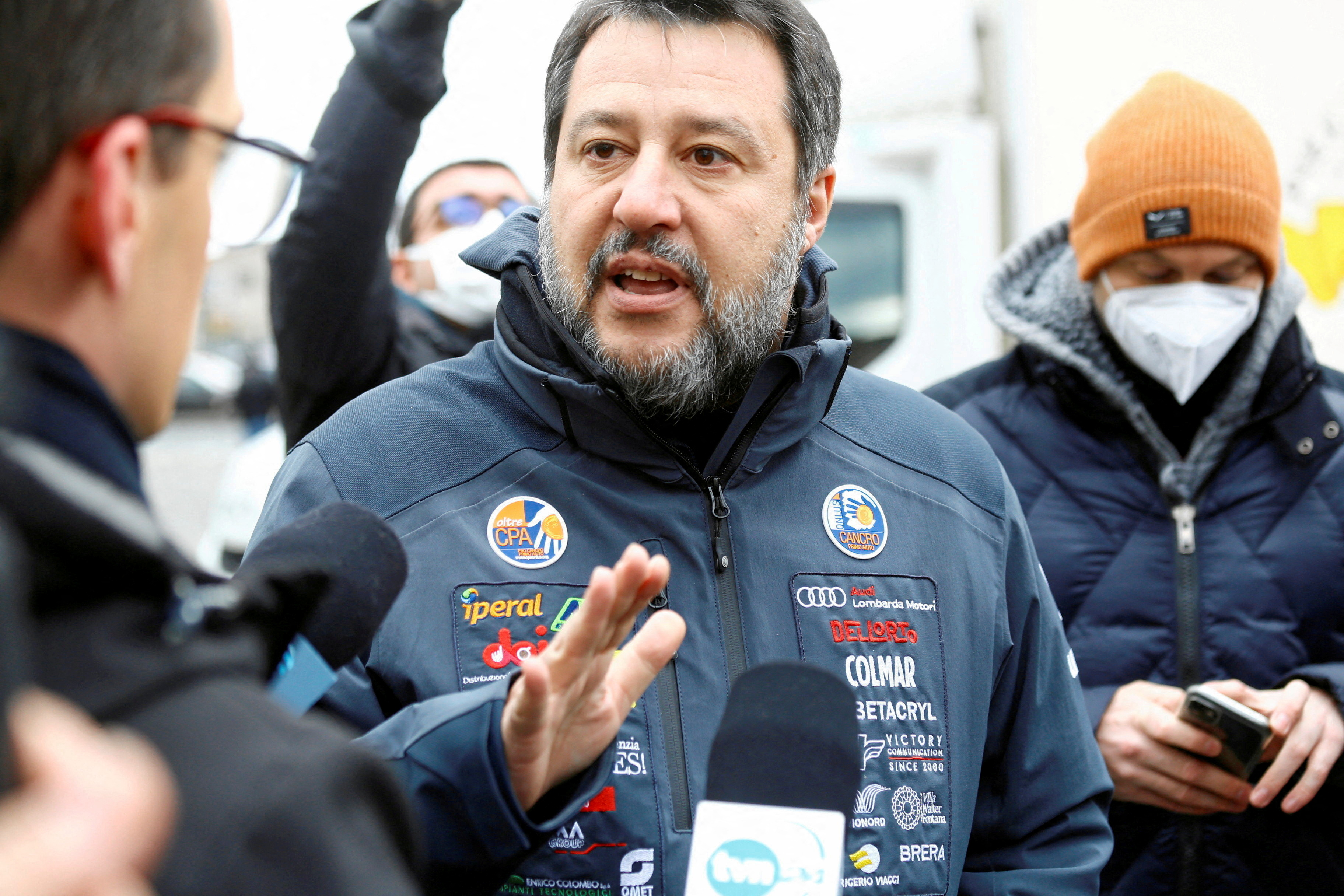 Italy's League Party leader Salvini talks to media, in Przemysl
