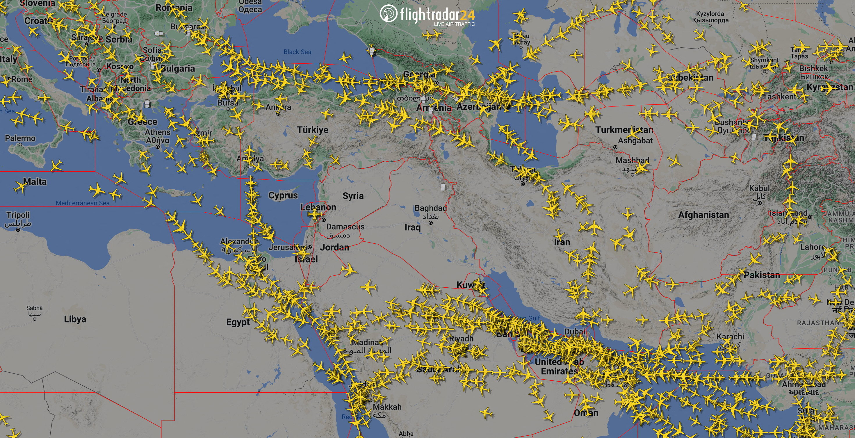 A graphical representation of air traffic shows airspace over Iran and the neighbouring Middle East