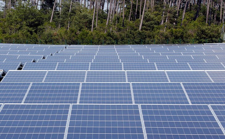 A general view shows solar panels to produce renewable energy at the photovoltaic park in Cestas
