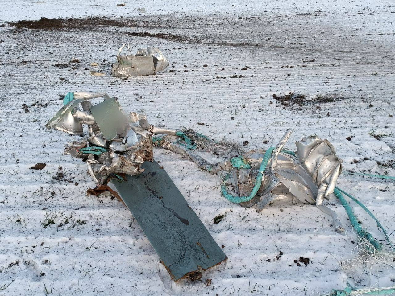 Parts of a Russian cruise missile shot down by the Ukrainian Air Defence Forces are seen in a field in Kyiv region