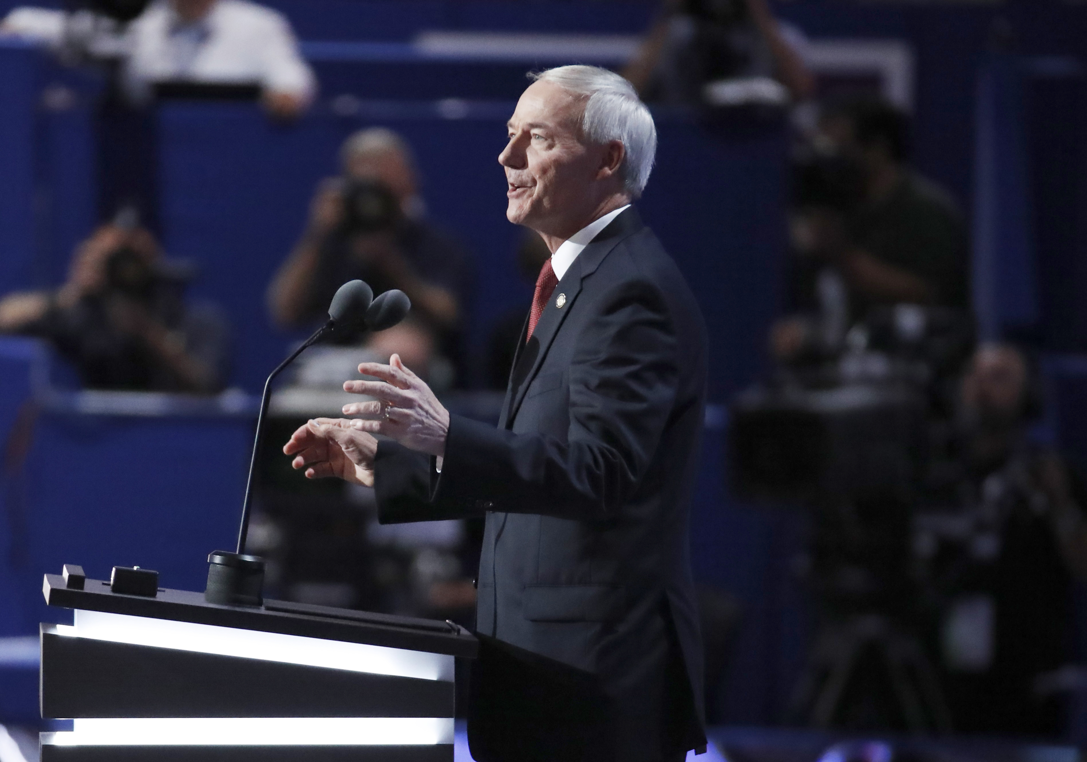 Governor Asa Hutchinson speaks at the Republican National Convention in Cleveland