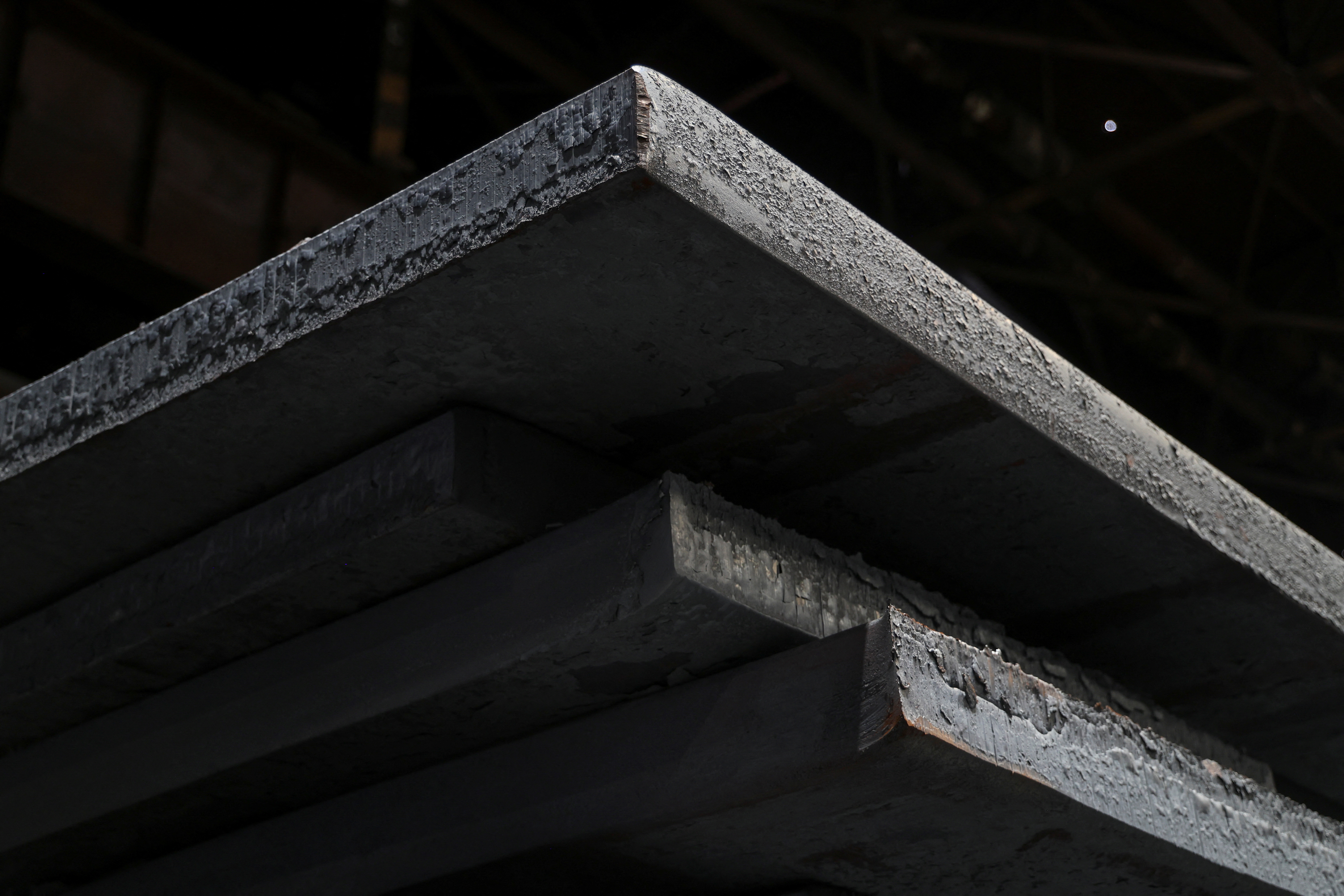 Plates of steel are seen at a production facility of Zaporizhstal Iron and Steel Works in Zaporizhzhia