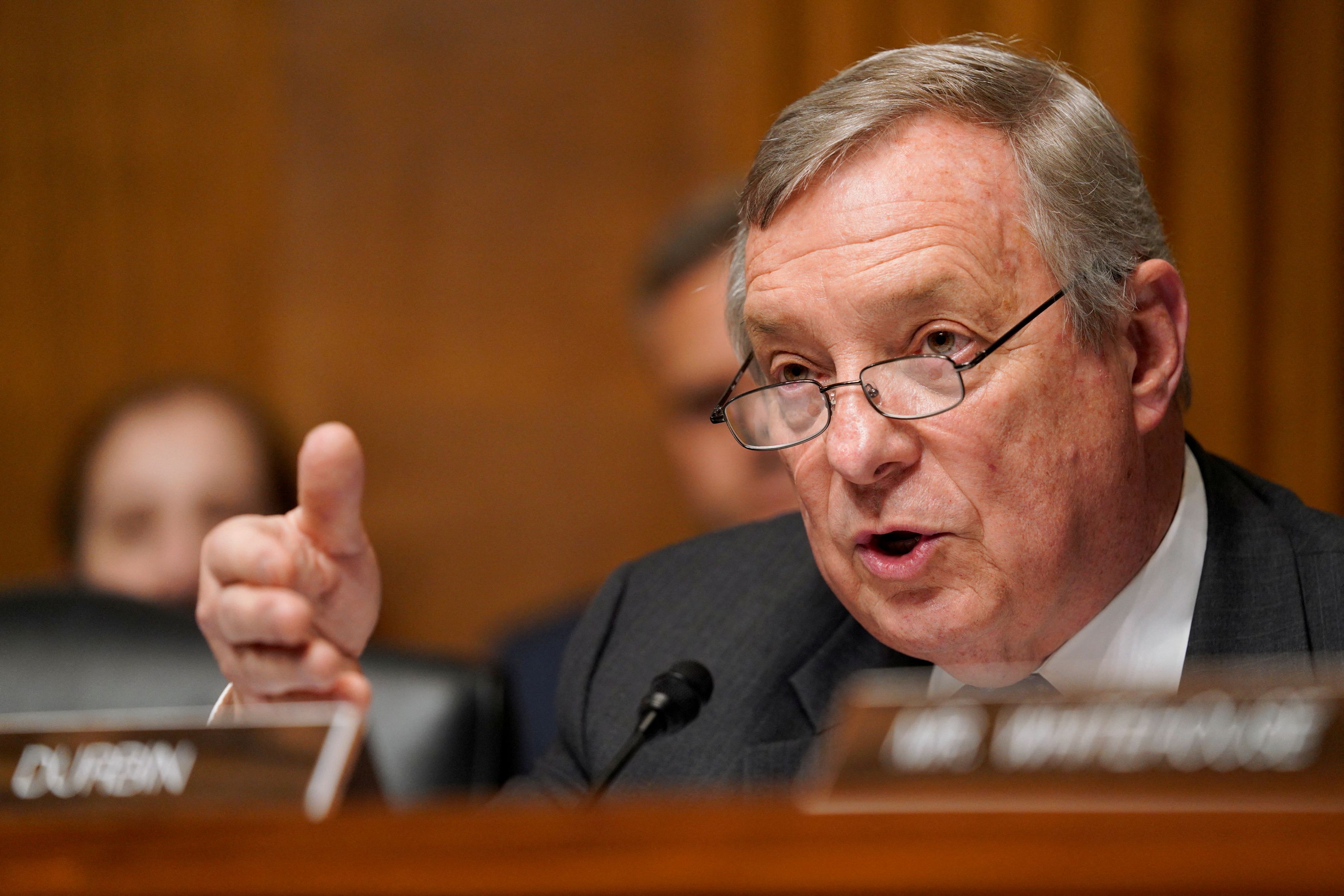U.S. Senator Durbin questions Attorney General Barr at Senate Judiciary hearing on investigation of Russian interference in the 2016 presidential election on Capitol Hill in Washington