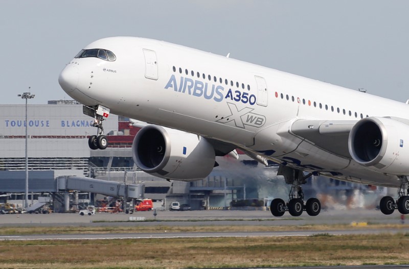 An Airbus A350 takes off at the aircraft builder's headquarters in Colomiers near Toulouse