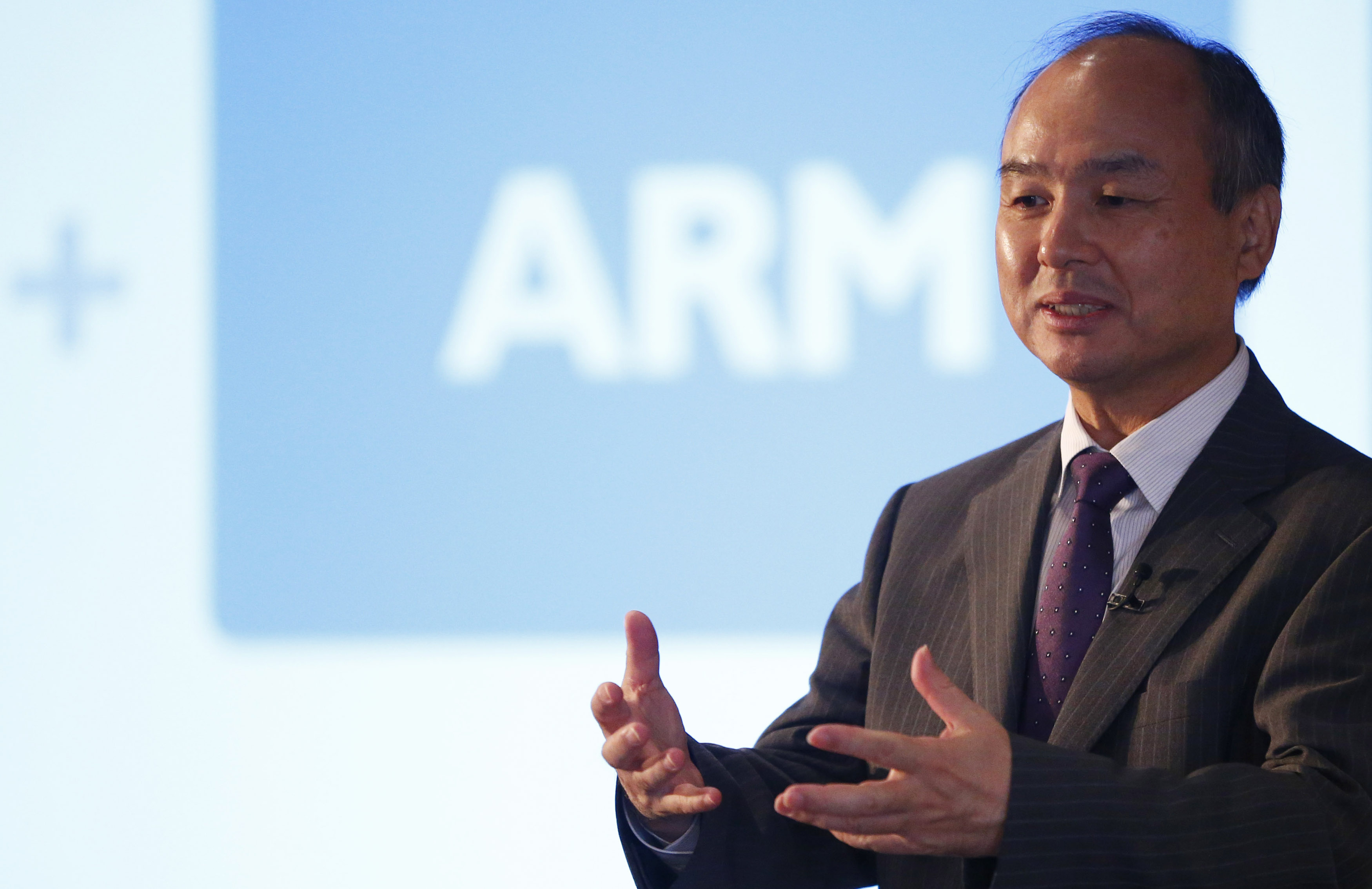 CEO of the SoftBank Group Masayoshi Son speaks at a new conference in London