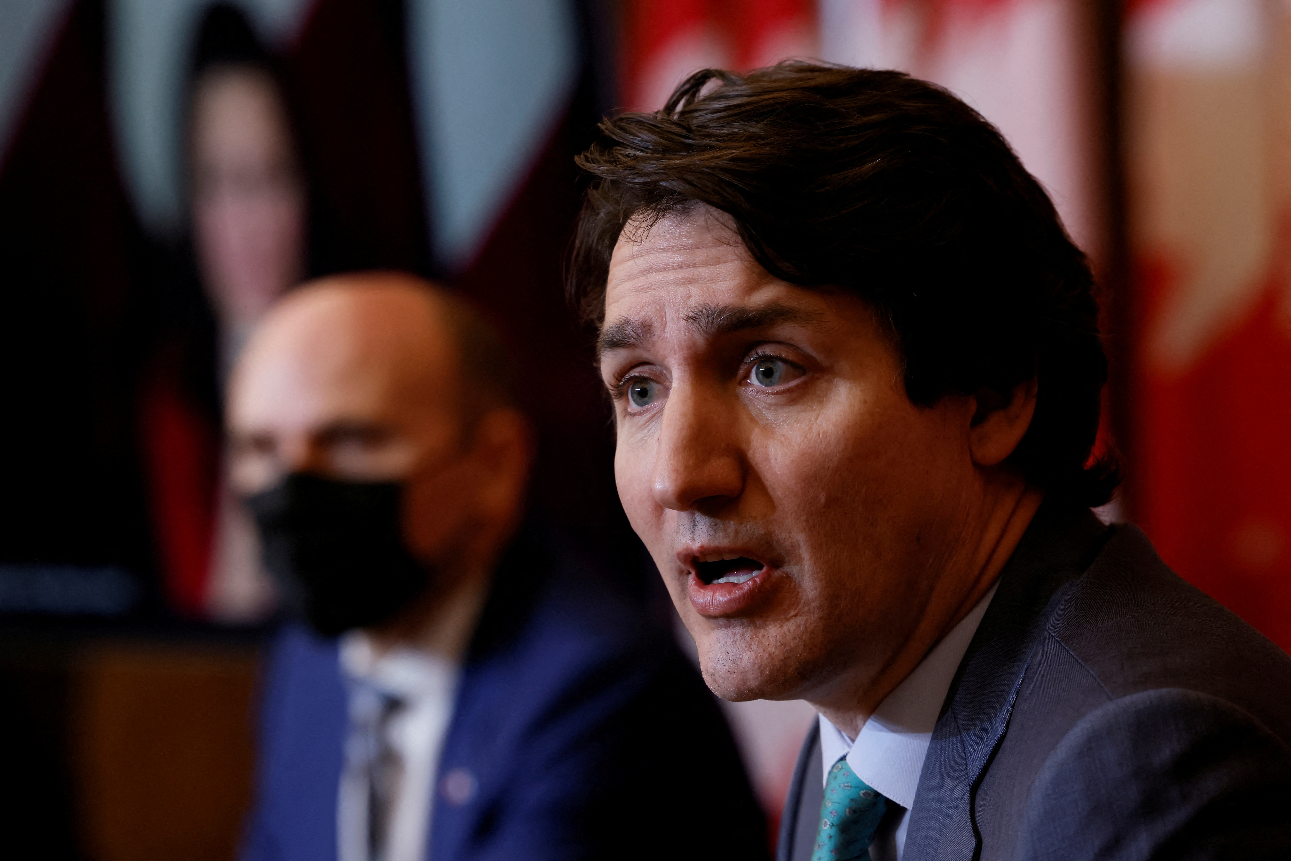 Canada's Prime Minister Justin Trudeau, with Minister of Health Jean-Yves Duclos, takes part in a news conference, in Ottawa