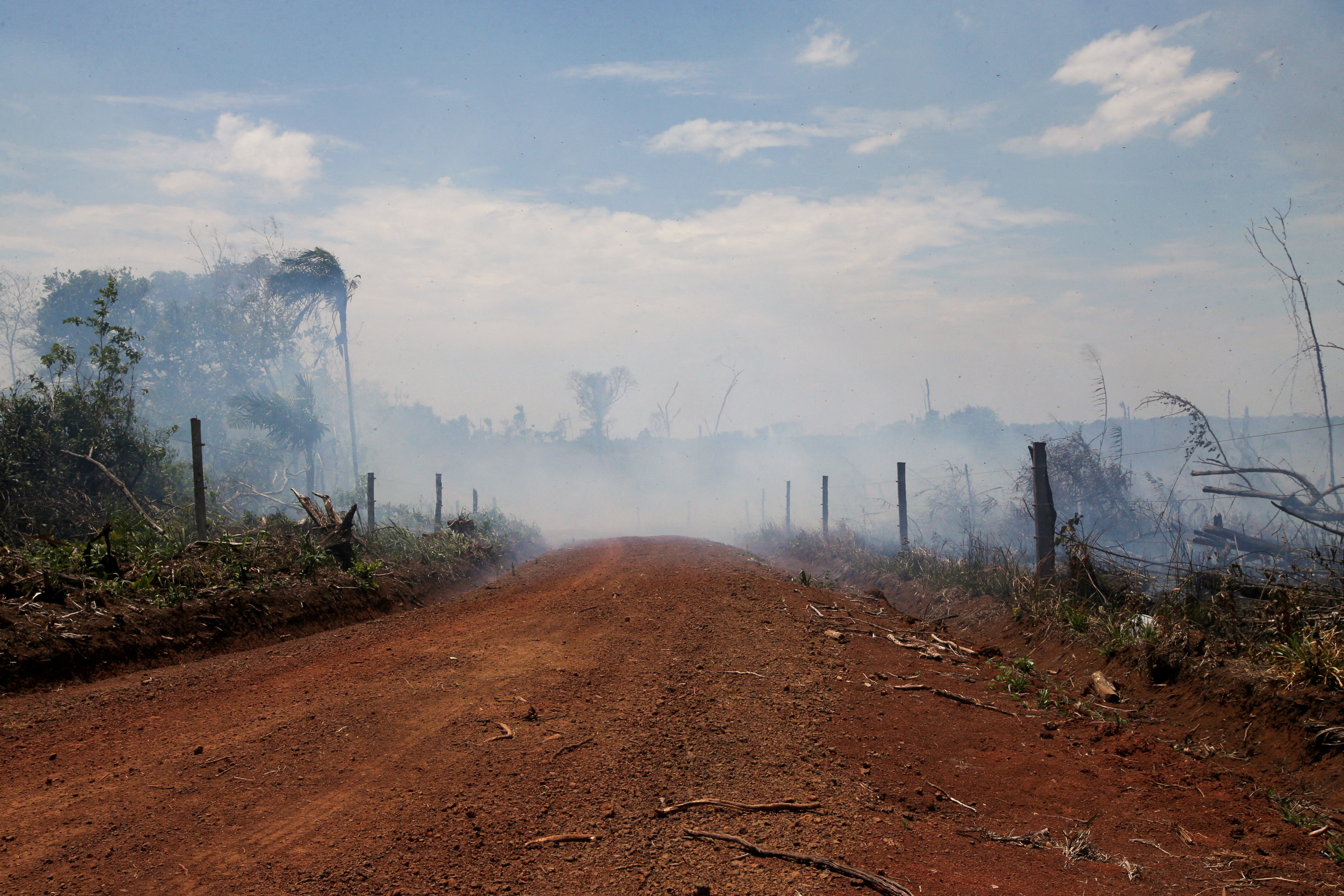 Smoke rises in the middle of an illegal road made during the deforestation of the Yari plains, in Caqueta