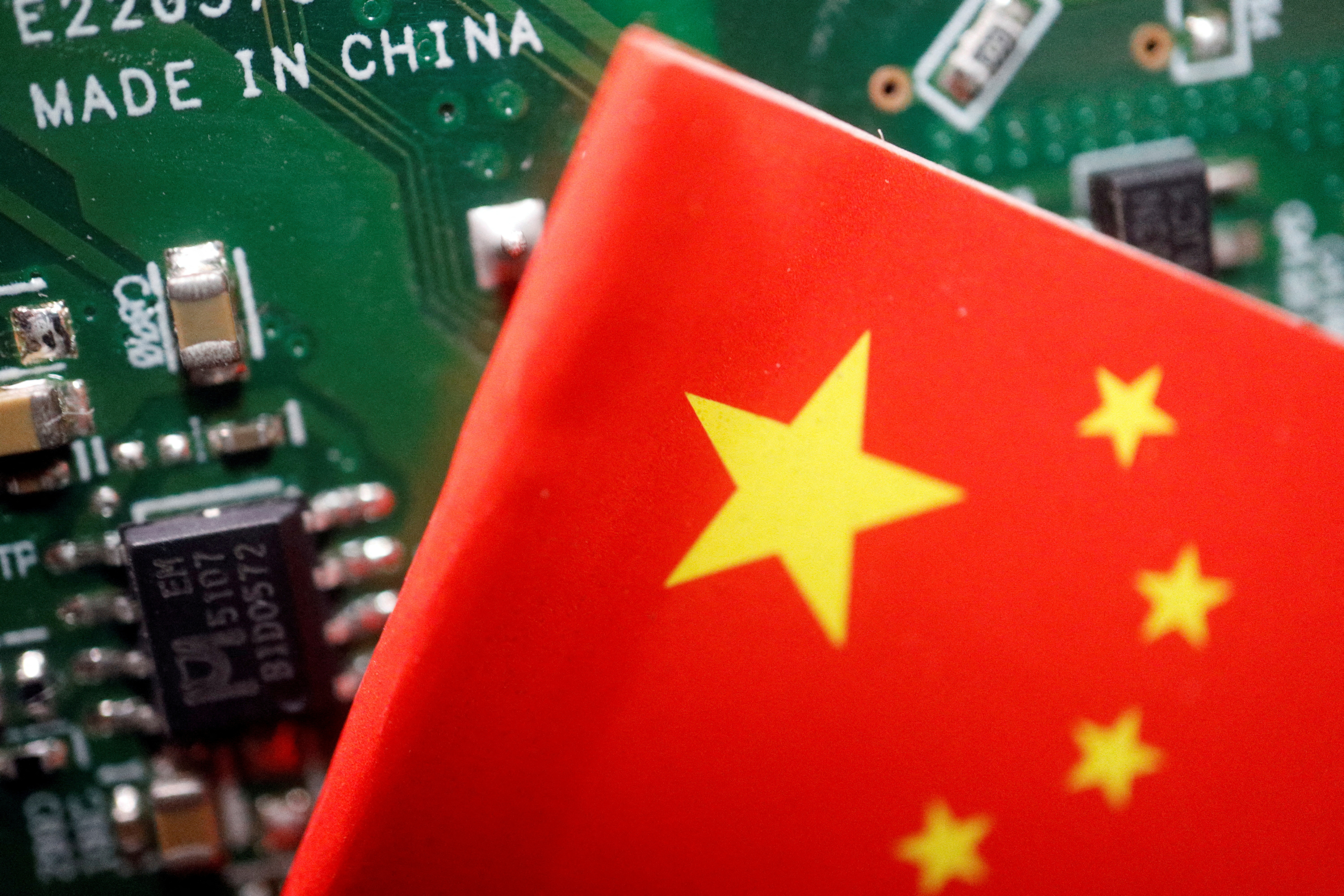 Illustration picture of Chinese flag with semiconductor chips