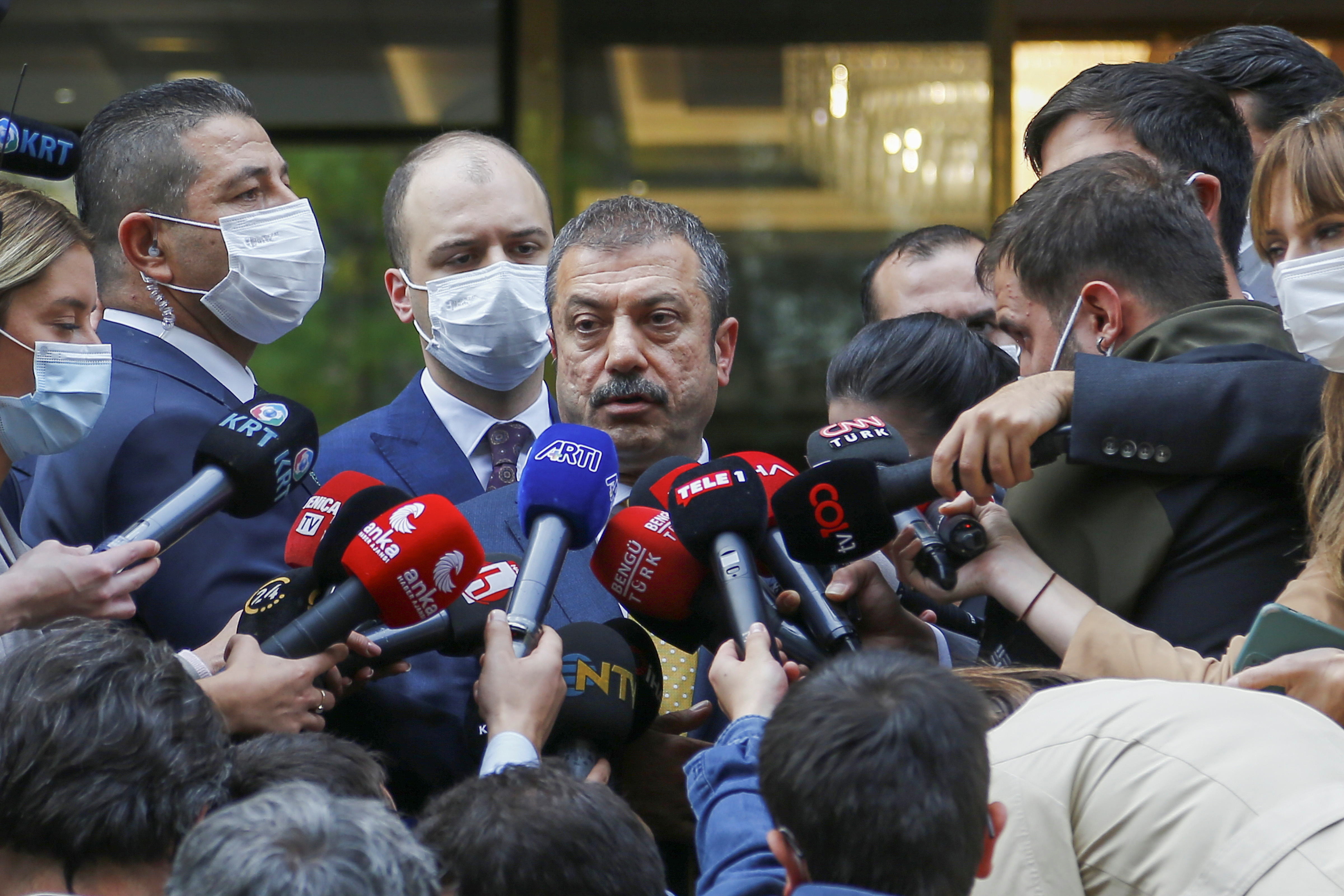 Turkish Central Bank Governor Kavcioglu speaks to the media in Ankara