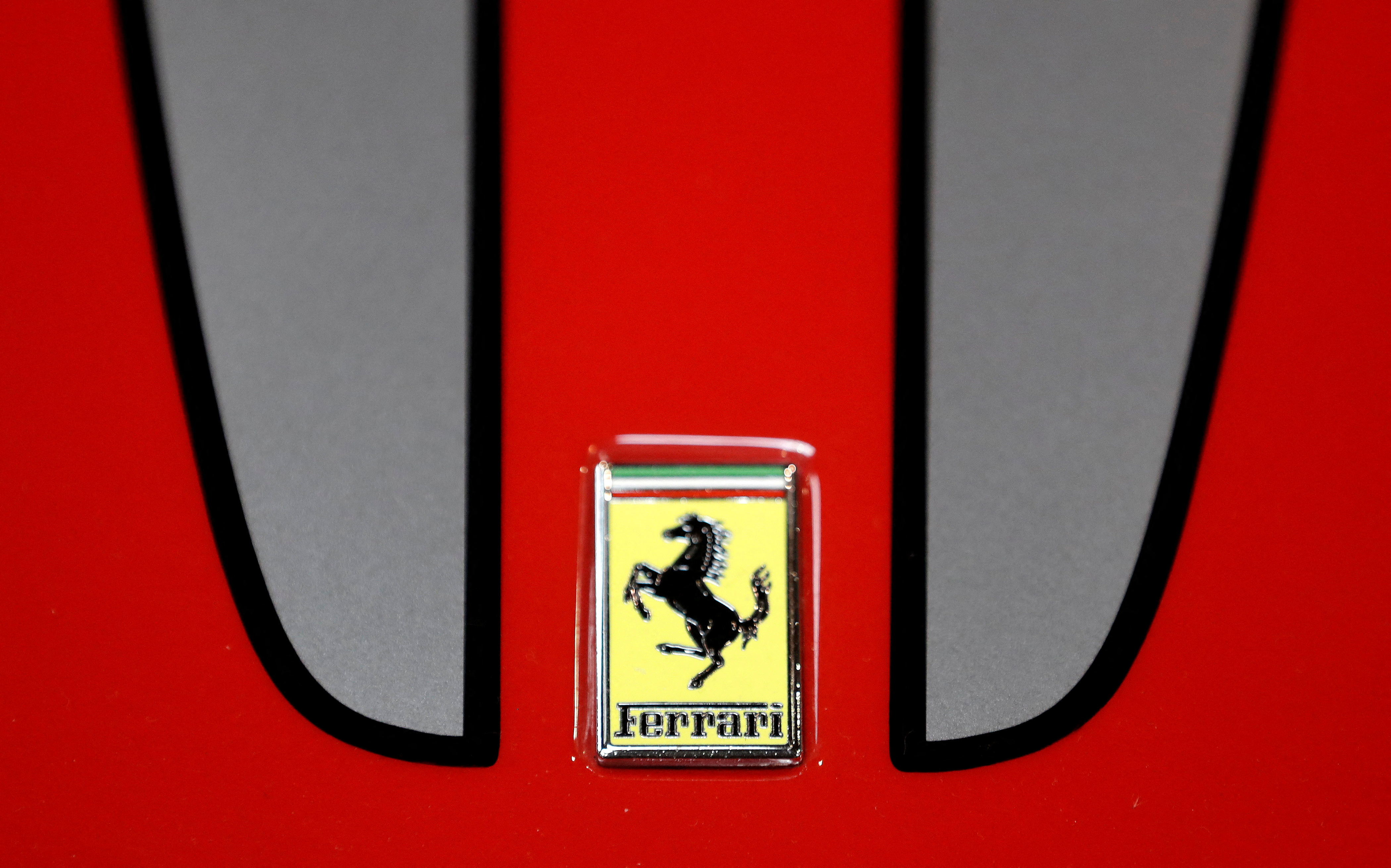 The logo of Ferrari is seen on a car during the Prague Autoshow in Prague