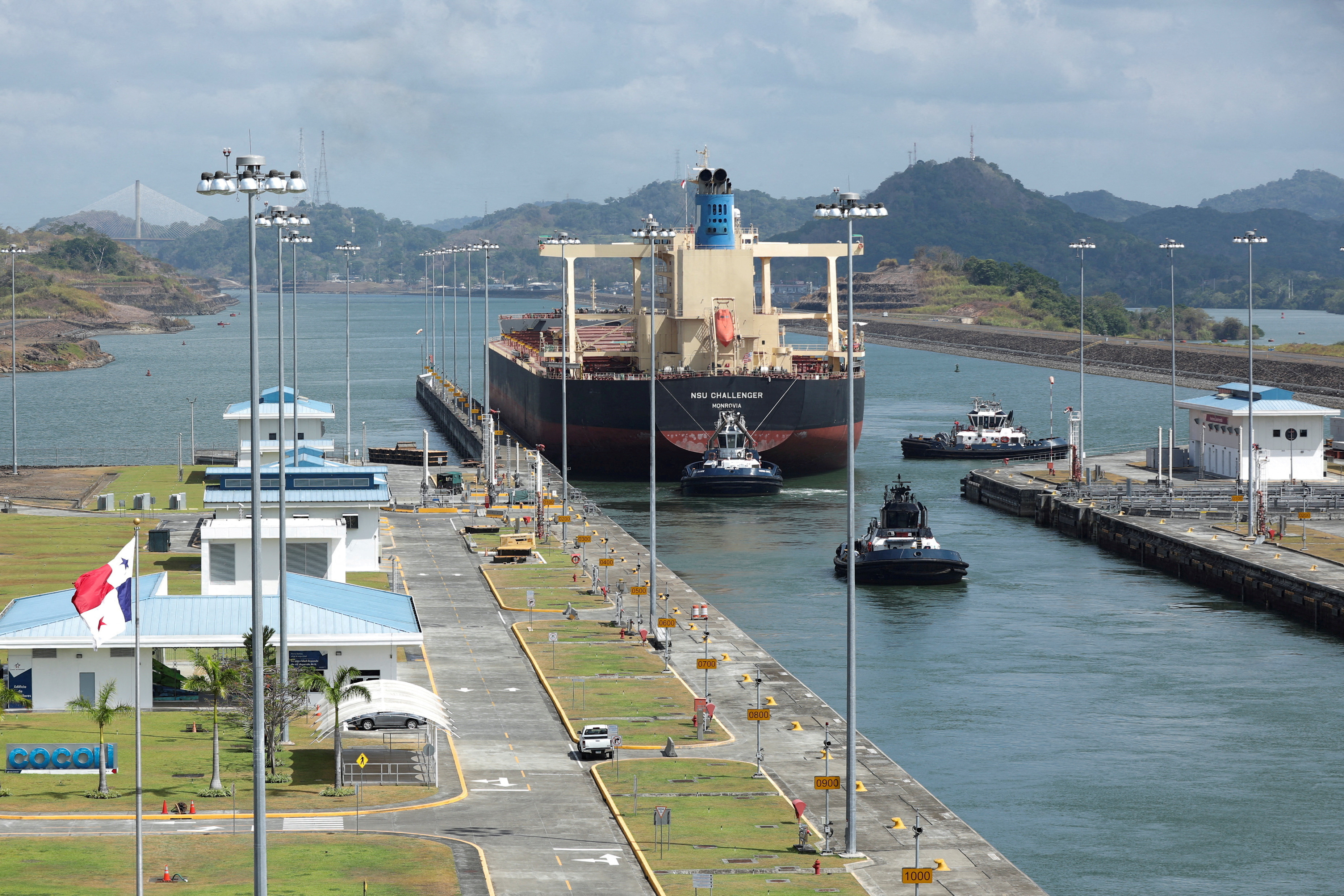 Cargo vessels transit through the Panama Canal, on the outskirts of Panama City