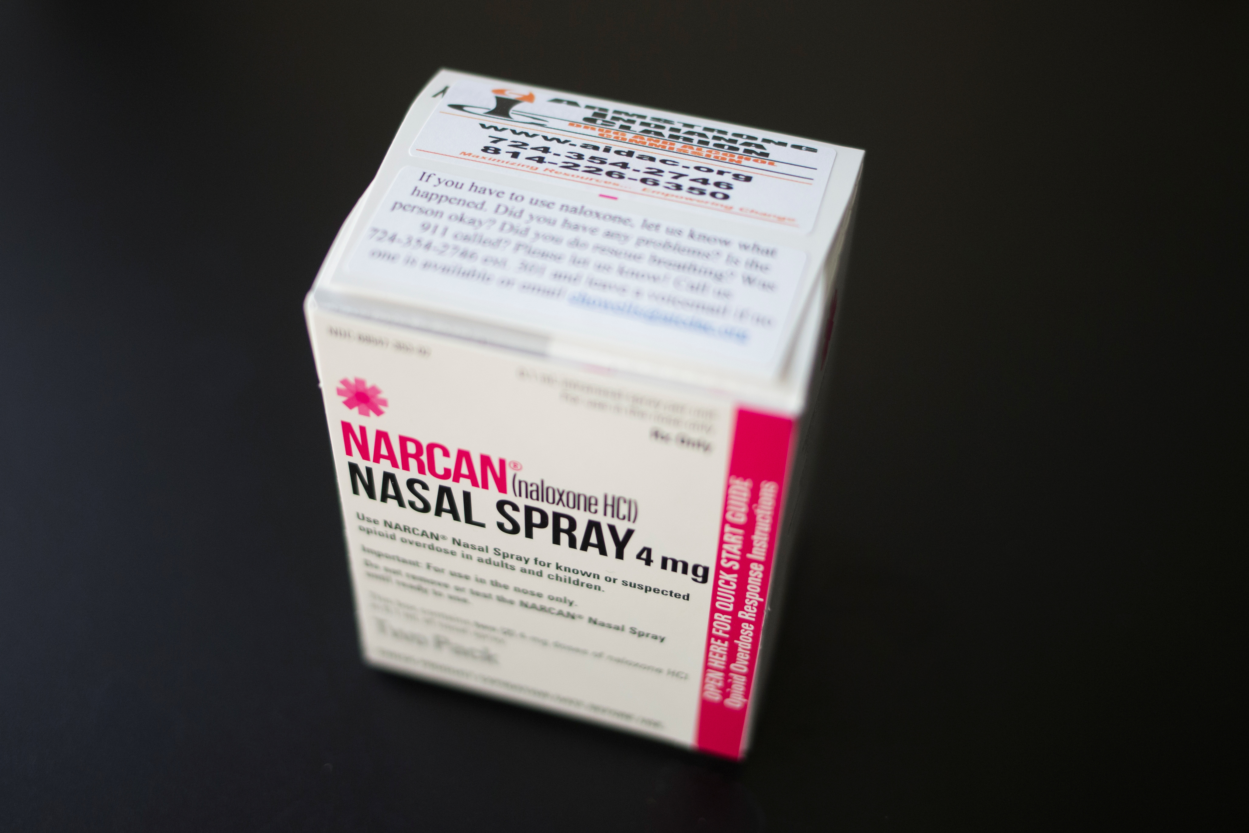 A box of NARCAN nasal spray is photographed at an outpatient treatment center in Indiana, Pennsylvania
