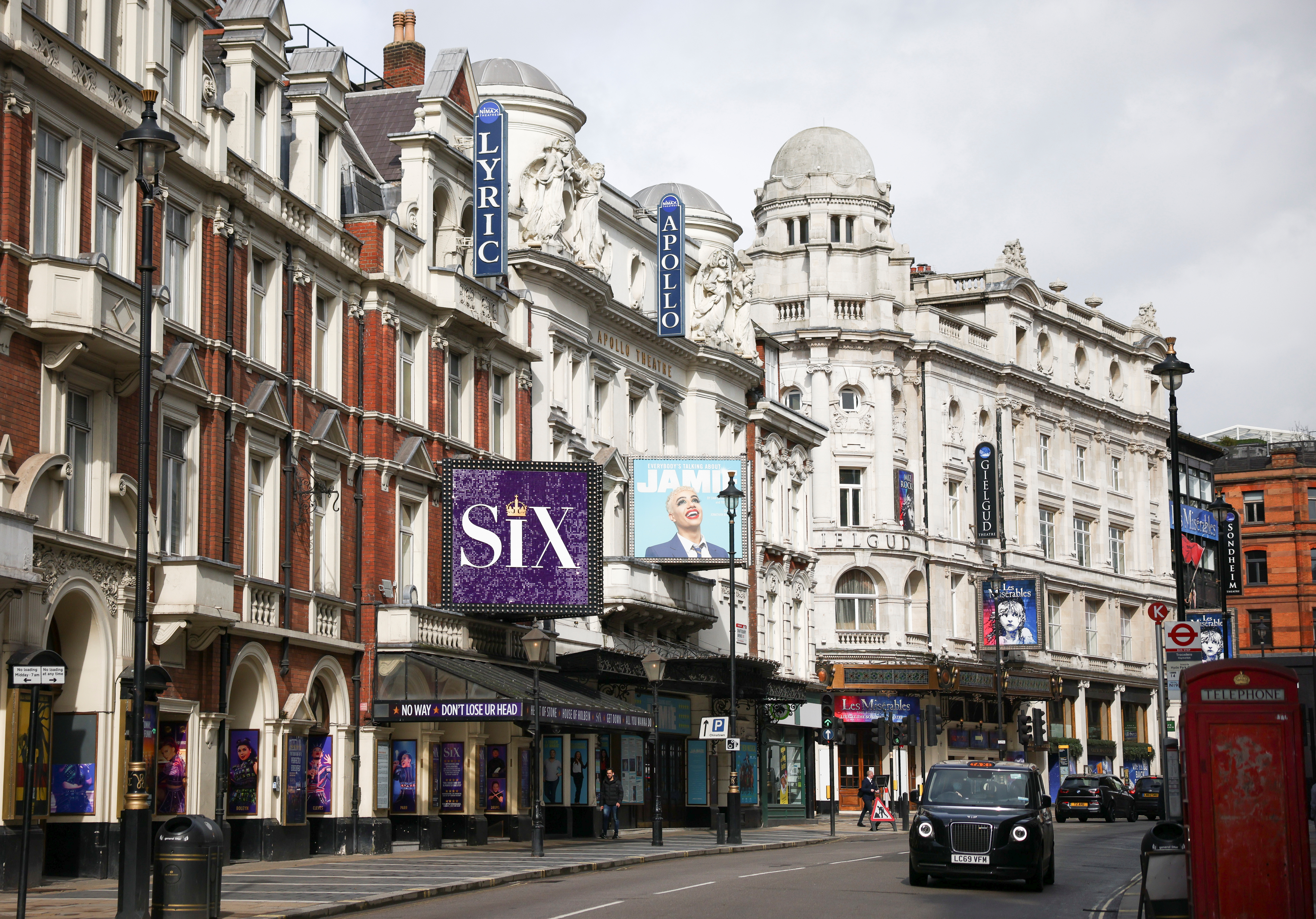 A general view of The Lyric Theatre and The Apollo Theatre on Shaftesbury Avenue, in London