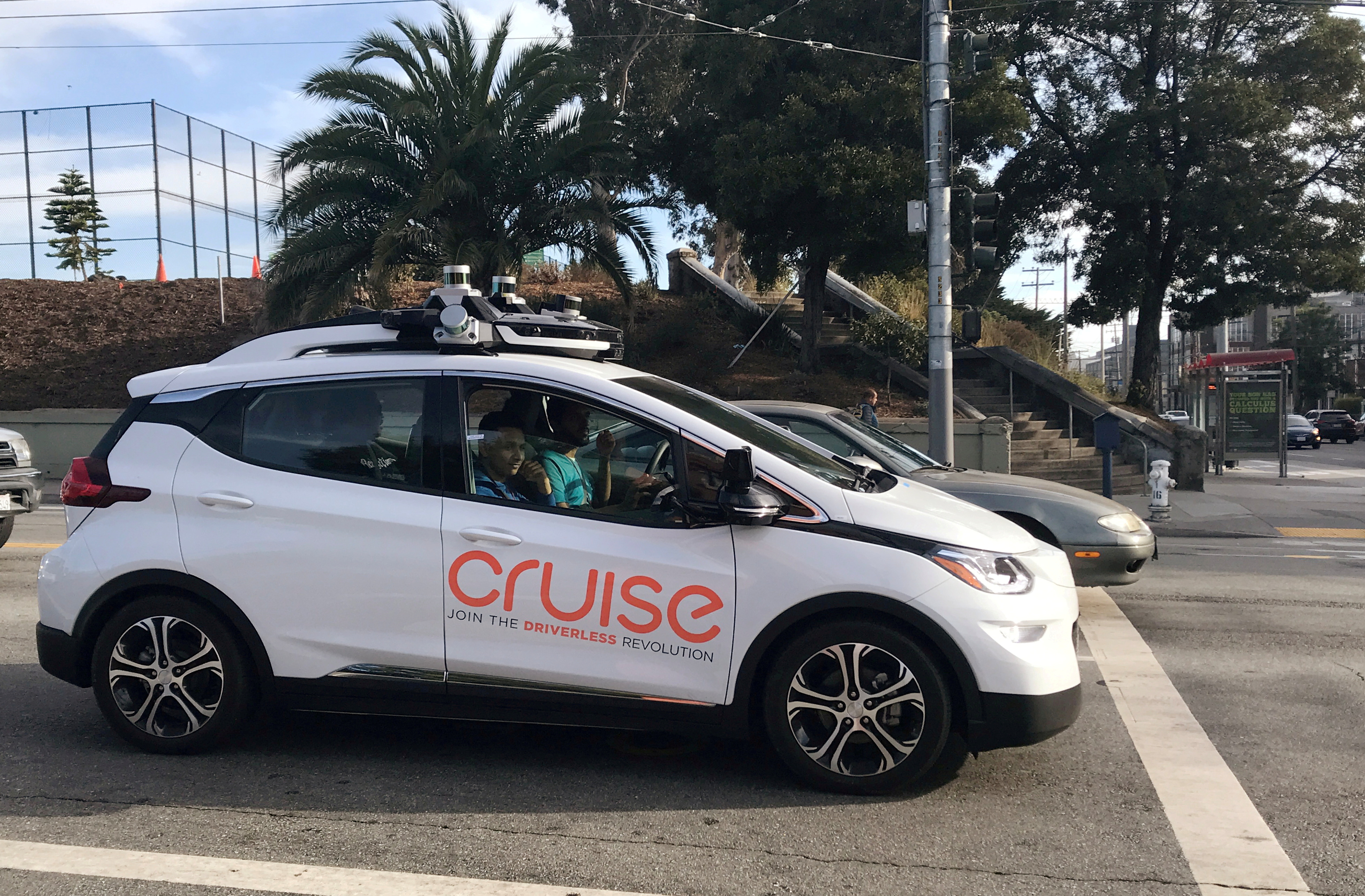 A Cruise self-driving car, which is owned by General Motors, is seen outside the company’s headquarters in San Francisco