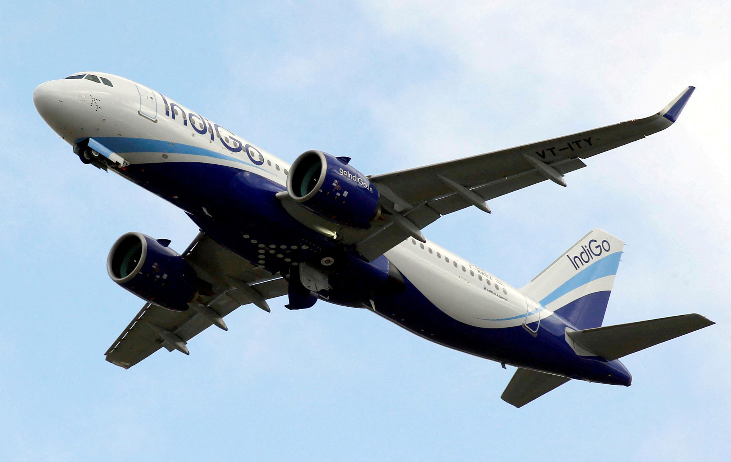 An IndiGo Airlines Airbus A320 aircraft takes off in Colomiers near Toulouse, France