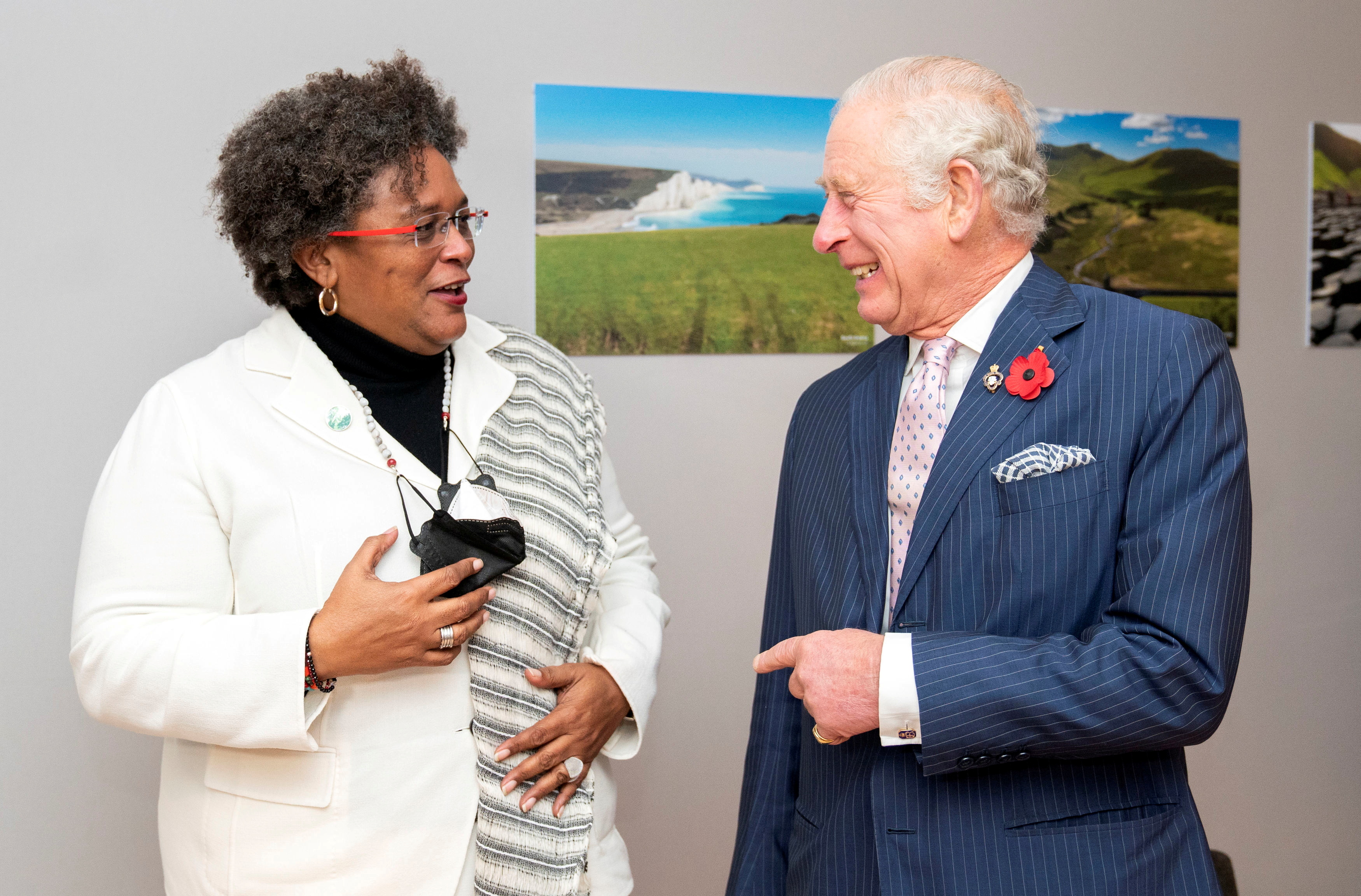 Britain's Charles, Prince of Wales, greets Barbados' Prime Minister Mia Amor Mottley ahead of their bilateral meeting on the sidelines of the UN Climate Change Conference (COP26) in Glasgow, Scotland, Britain November 1, 2021. Jane Barlow/Pool via REUTERS