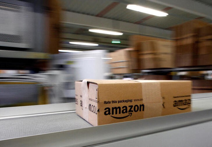 A parcel moves on the conveyor belt at Amazon's logistics centre in Graben